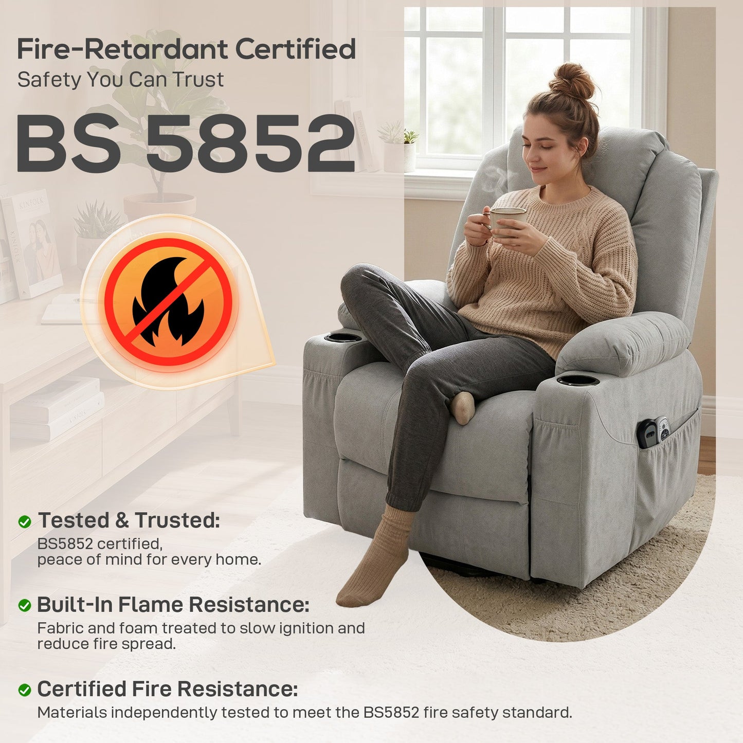 Power Lift Recliner Chair with Vibration Massage and Heat, Electric Lift Chair with Pocket Spring & Wide Backrest, Fabric Riser and Reclining Armchair with Remote, Side Pockets, Light Grey