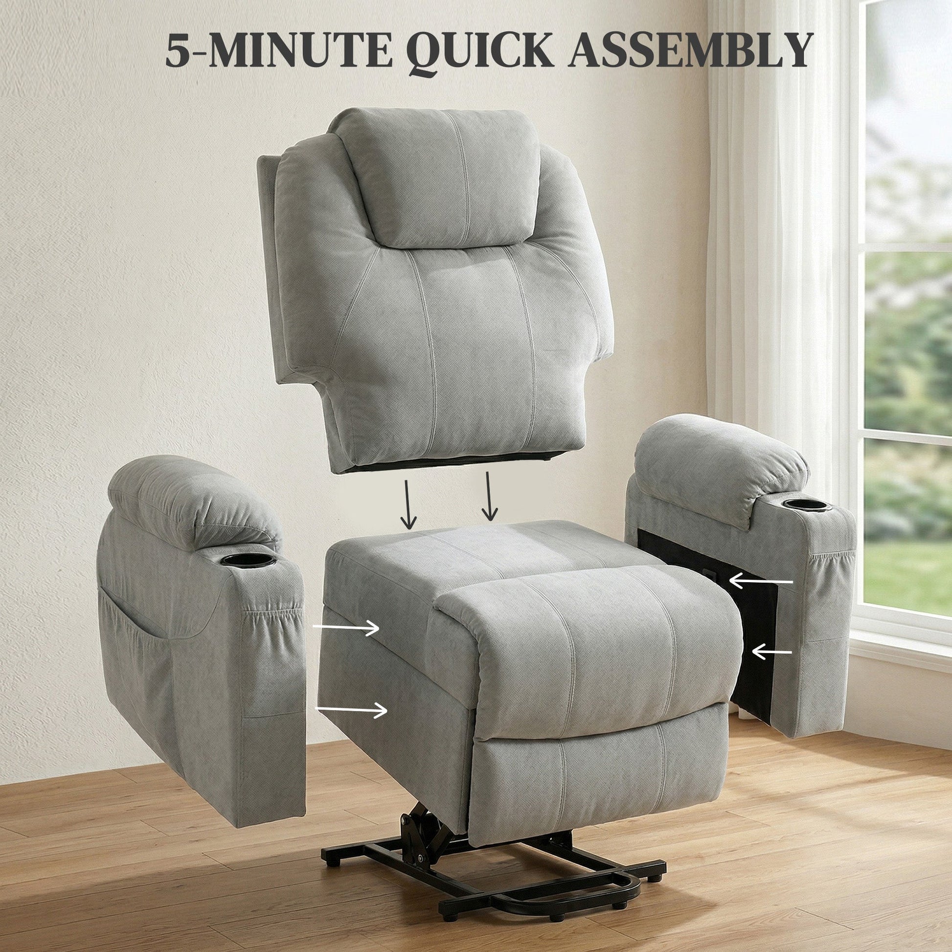 Power Lift Recliner Chair with Vibration Massage and Heat, Electric Lift Chair with Pocket Spring & Wide Backrest, Fabric Riser and Reclining Armchair with Remote, Side Pockets, Light Grey