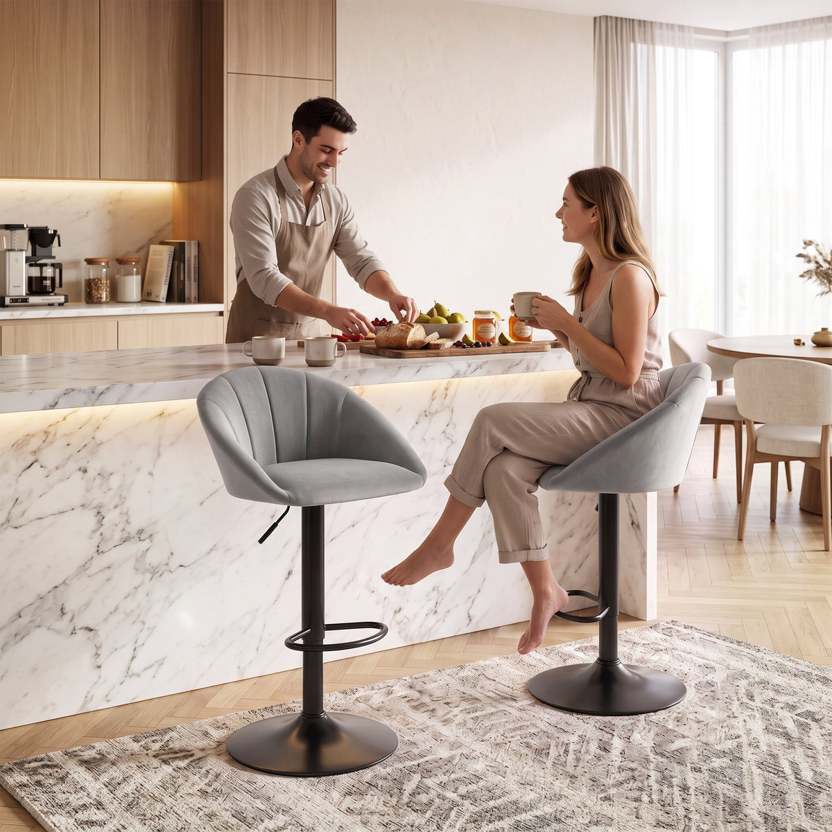 Breakfast Bar Stools Set of 2, Modern Velvet-Feel Swivel BarStools, Adjustable Counter Height Bar Chairs with Backrest and Footrest for Kitchen Island, Dining Room, Bar, Light Grey