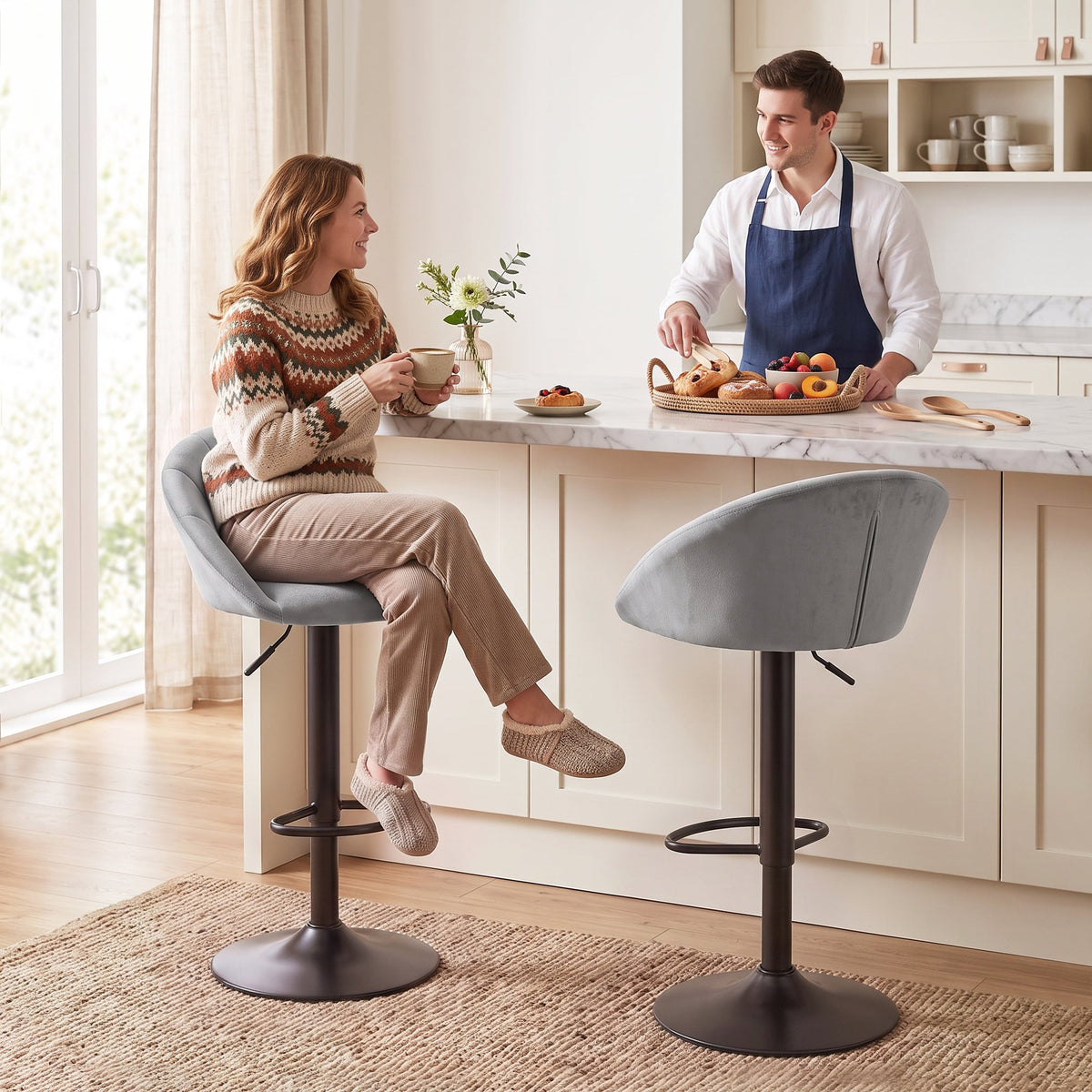 Breakfast Bar Stools Set of 2, Modern Velvet-Feel Swivel BarStools, Adjustable Counter Height Bar Chairs with Backrest and Footrest for Kitchen Island, Dining Room, Bar, Light Grey