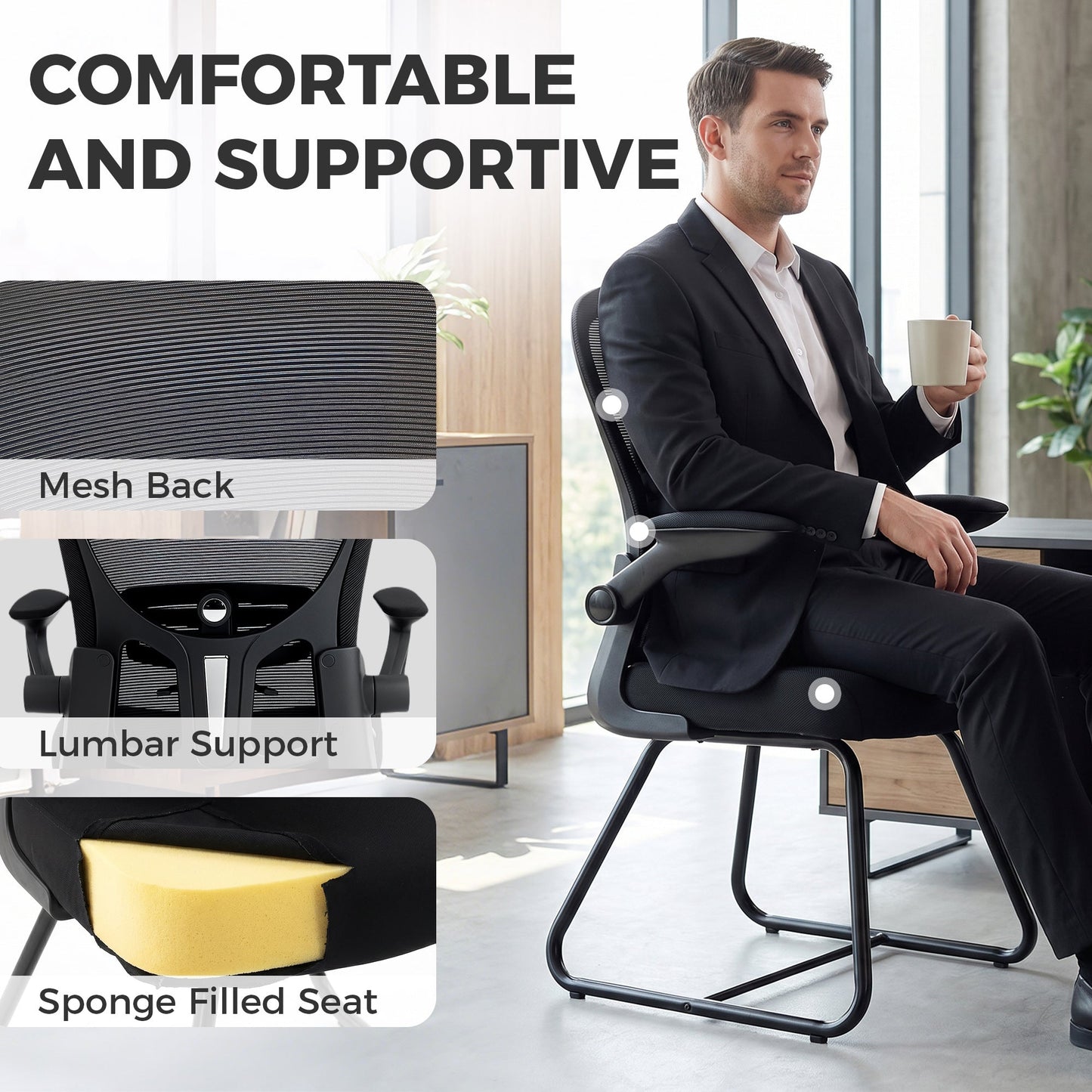Reception Chair, Conference Meeting Office Chair with Flip-up Armrest, Mesh Backrest, Lumbar Support and Metal Base for Waiting Room Home Office, Black