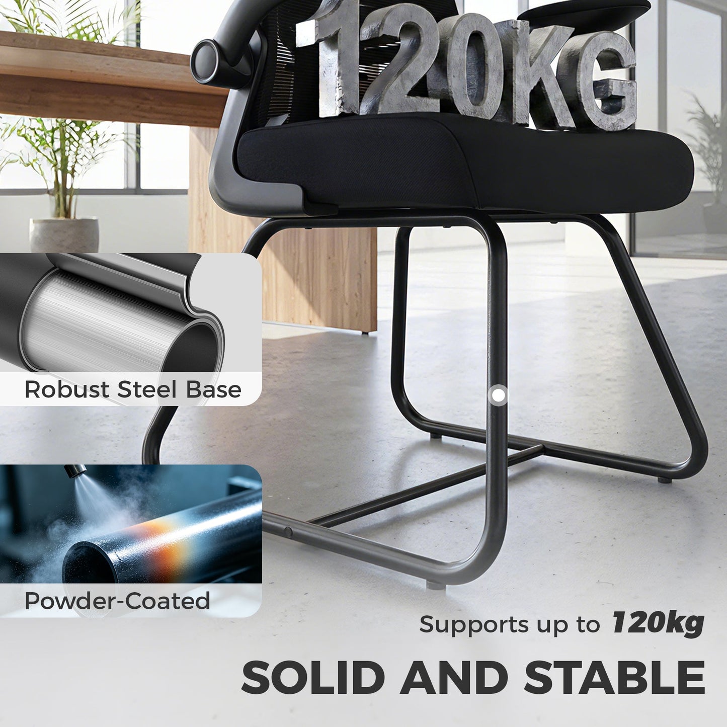 Reception Chair, Conference Meeting Office Chair with Flip-up Armrest, Mesh Backrest, Lumbar Support and Metal Base for Waiting Room Home Office, Black