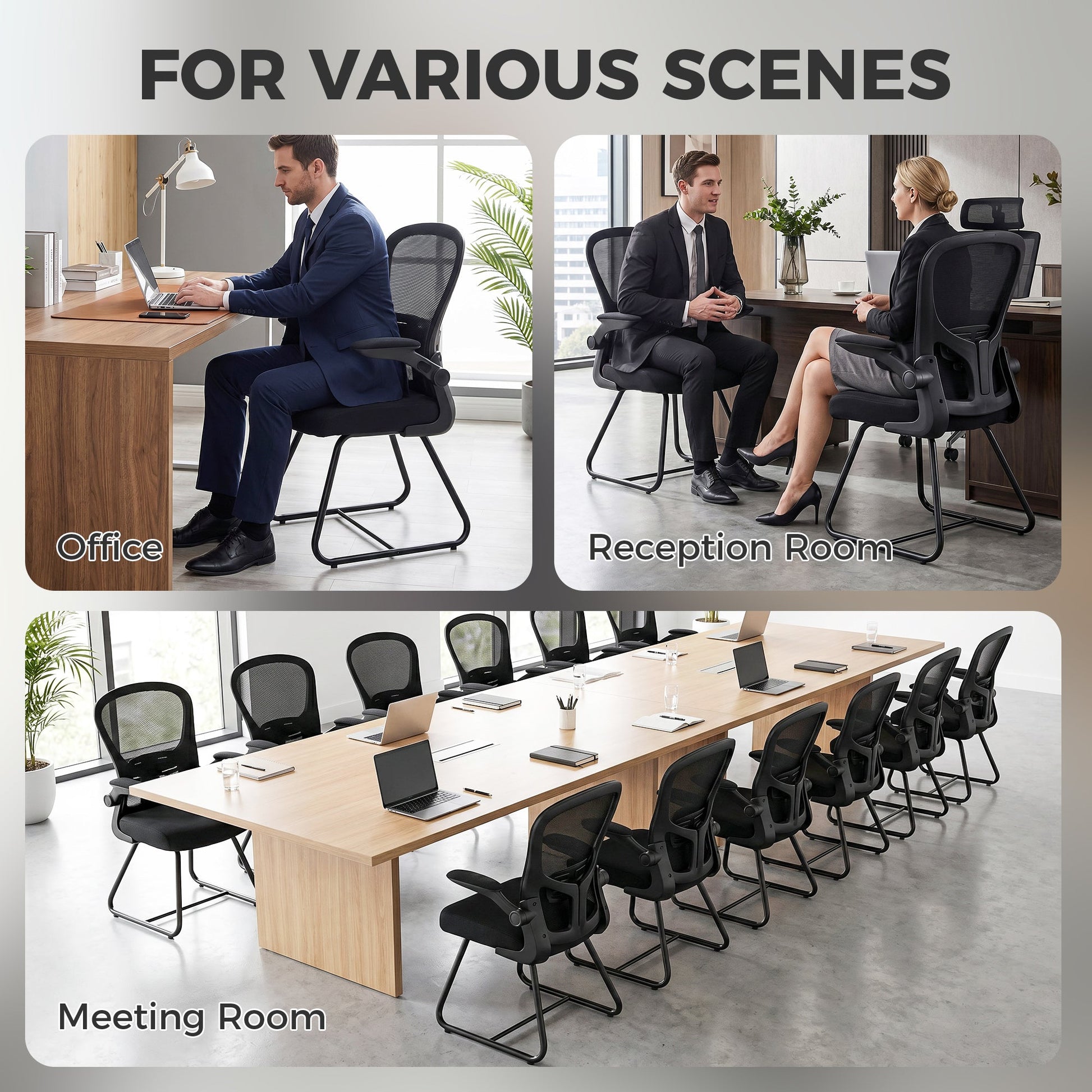 Reception Chair, Conference Meeting Office Chair with Flip-up Armrest, Mesh Backrest, Lumbar Support and Metal Base for Waiting Room Home Office, Black