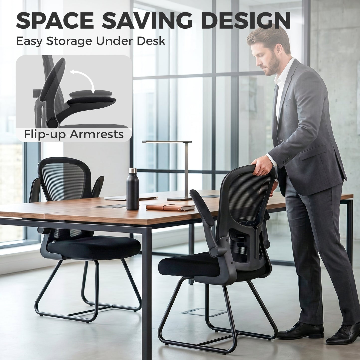 Reception Chair, Conference Meeting Office Chair with Flip-up Armrest, Mesh Backrest, Lumbar Support and Metal Base for Waiting Room Home Office, Black