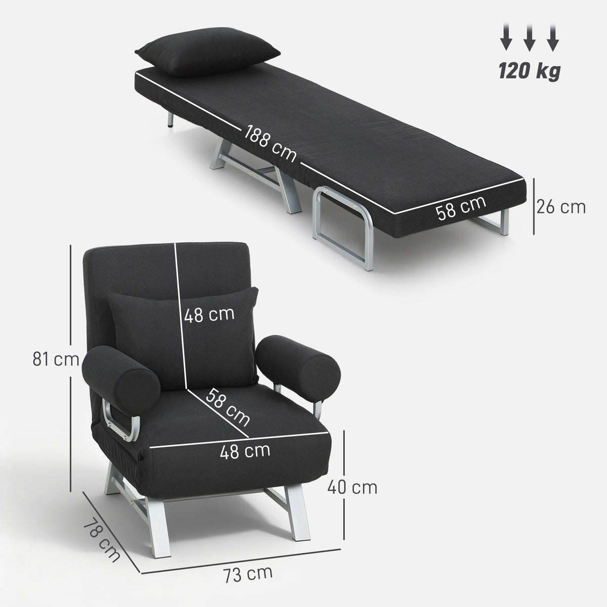 Single Sofa Bed, 3-in-1 Convertible Folding Chair Bed with Adjustable Backrest, Removable Armrests, Steel Legs, Linen Sleeper Chair for Living Room, Bedroom, Small Space, Black