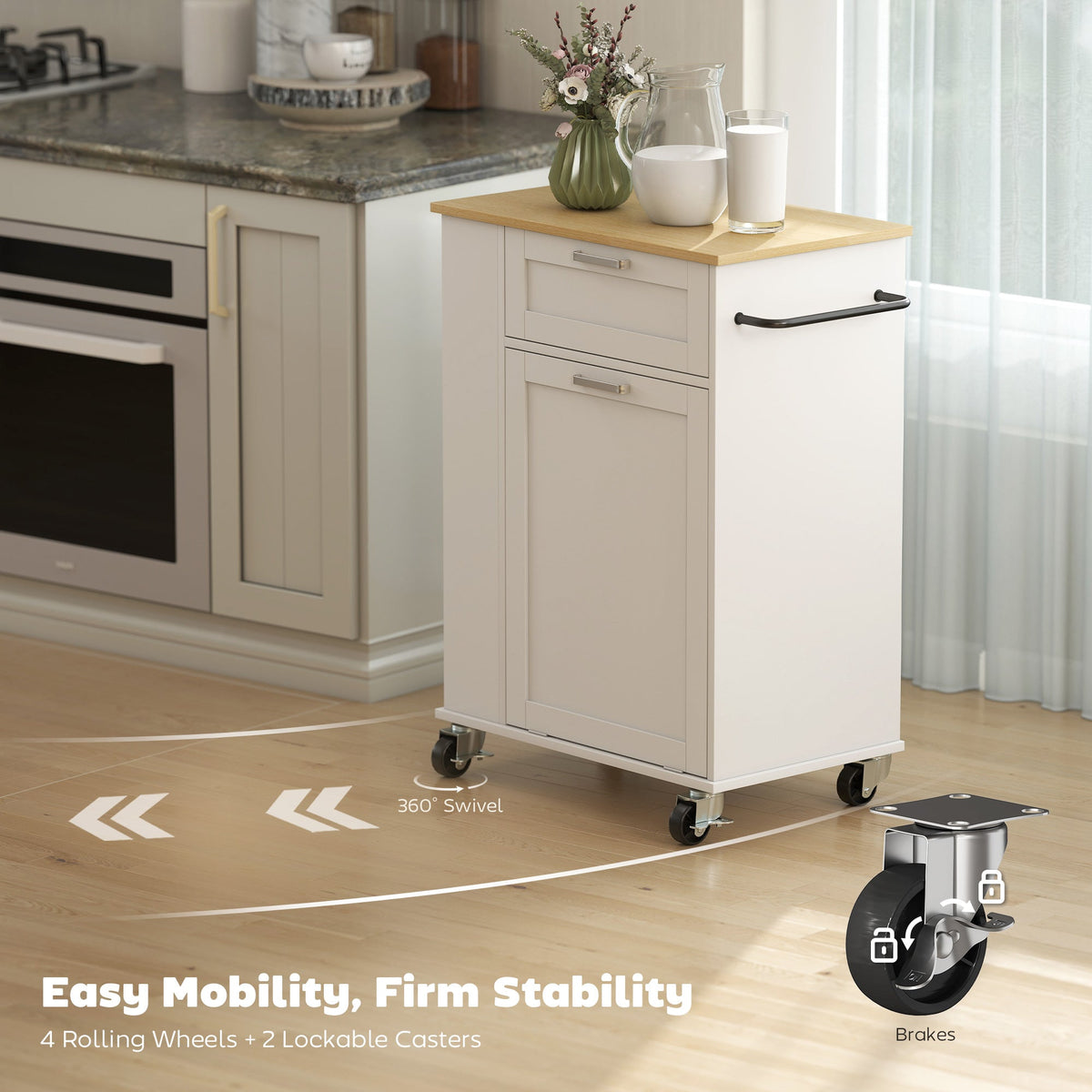 Kitchen Storage Trolley on Wheels, Rolling Kitchen Island with Drawer, Tilt-Out Rubbish Cabinet, 3-Tier Side Racks and Towel Rail for Dining Room, White