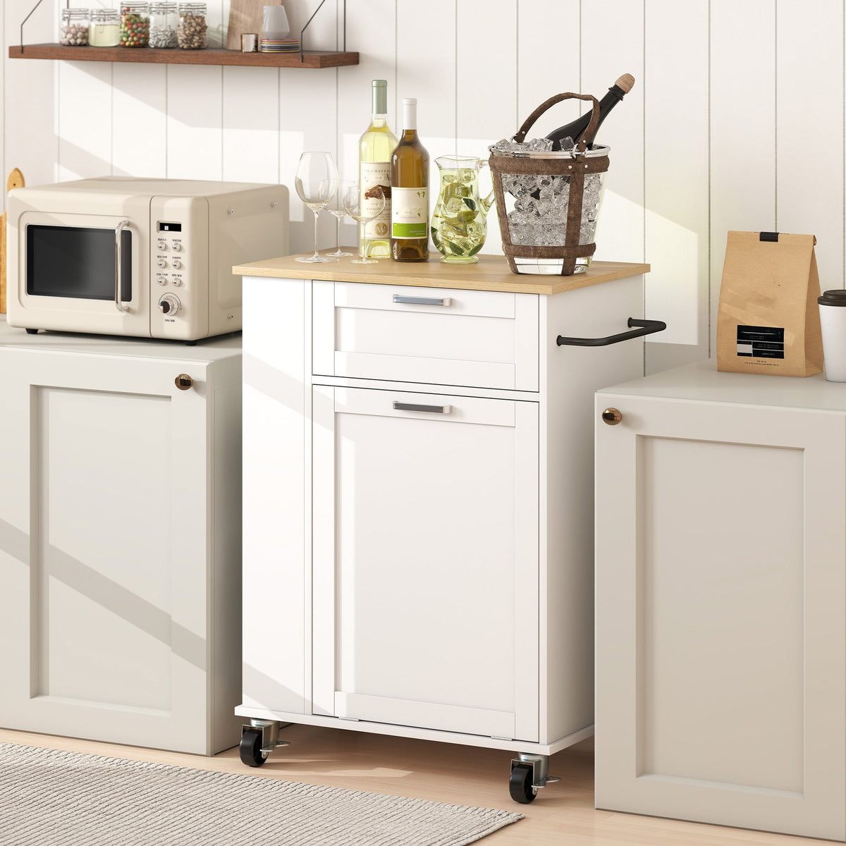 Kitchen Storage Trolley on Wheels, Rolling Kitchen Island with Drawer, Tilt-Out Rubbish Cabinet, 3-Tier Side Racks and Towel Rail for Dining Room, White