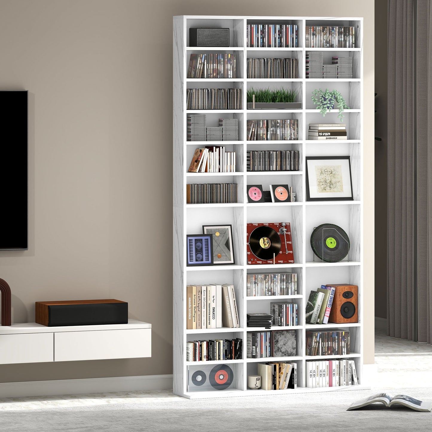 1116 CD/ 528 DVD Storage Unit, Media Storage Shelf, Wooden Display Unit with Adjustable Shelves, 102 x 195 cm, Marble Effect