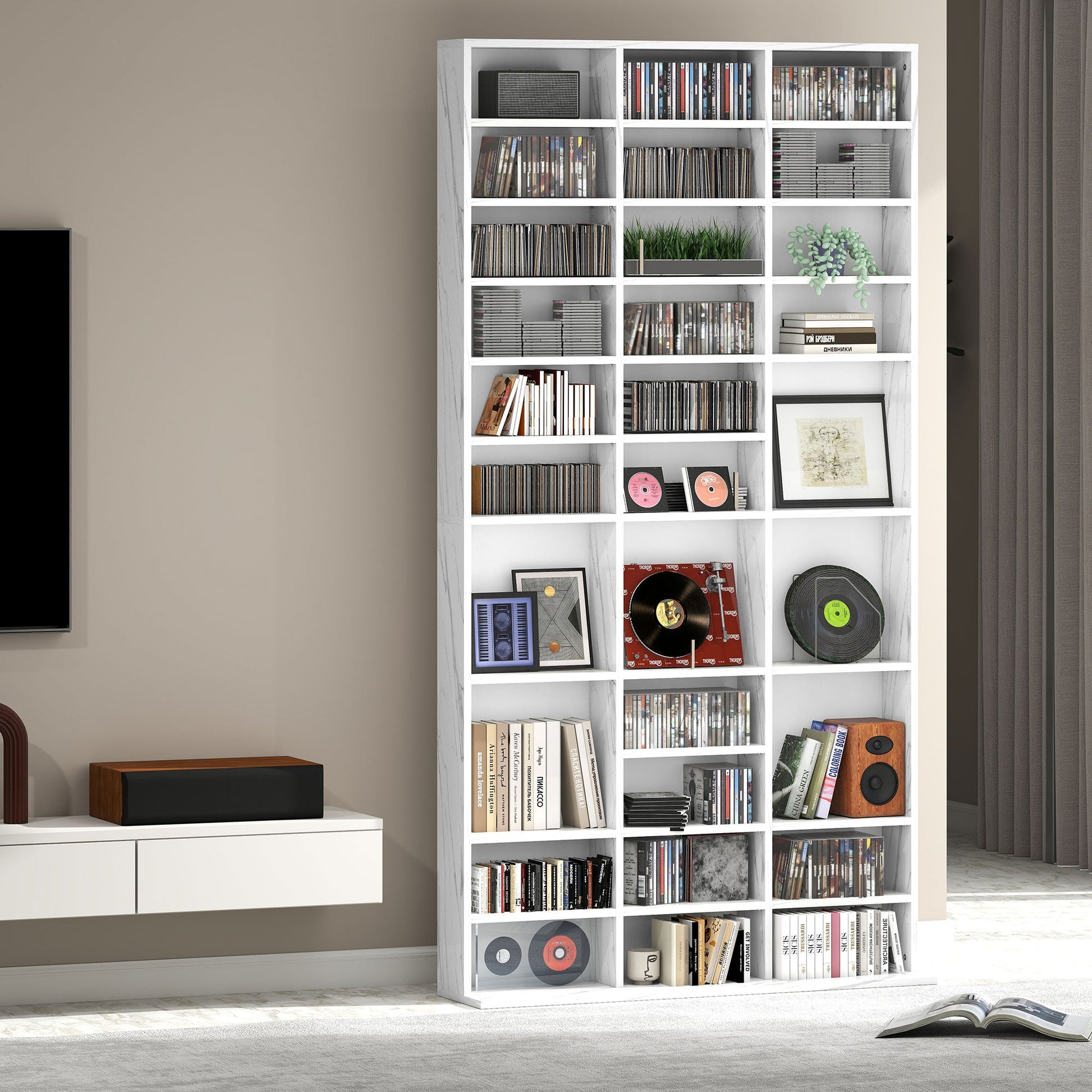 1116 CD/ 528 DVD Storage Unit, Media Storage Shelf, Wooden Display Unit with Adjustable Shelves, 102 x 195 cm, Marble Effect