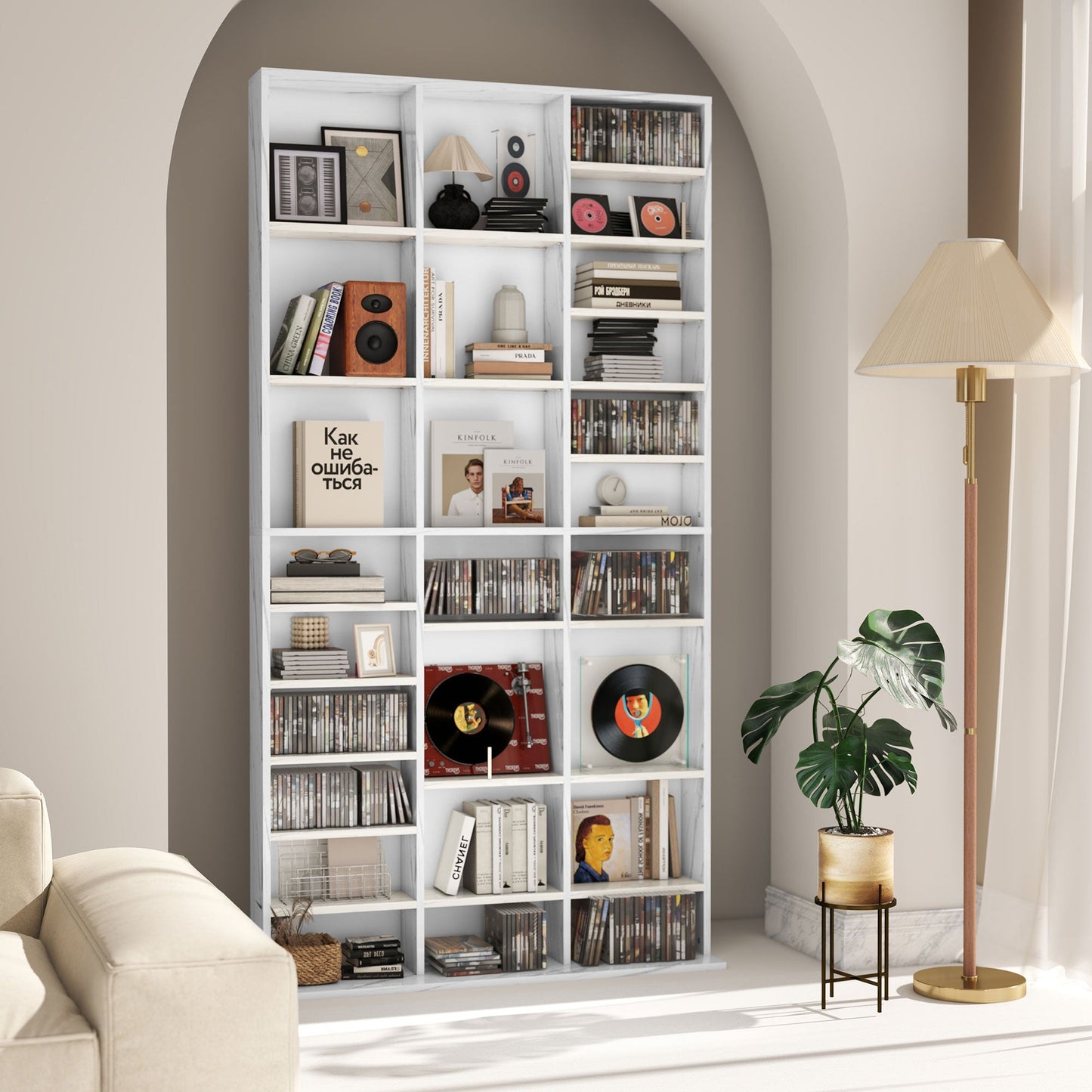 1116 CD/ 528 DVD Storage Unit, Media Storage Shelf, Wooden Display Unit with Adjustable Shelves, 102 x 195 cm, Marble Effect