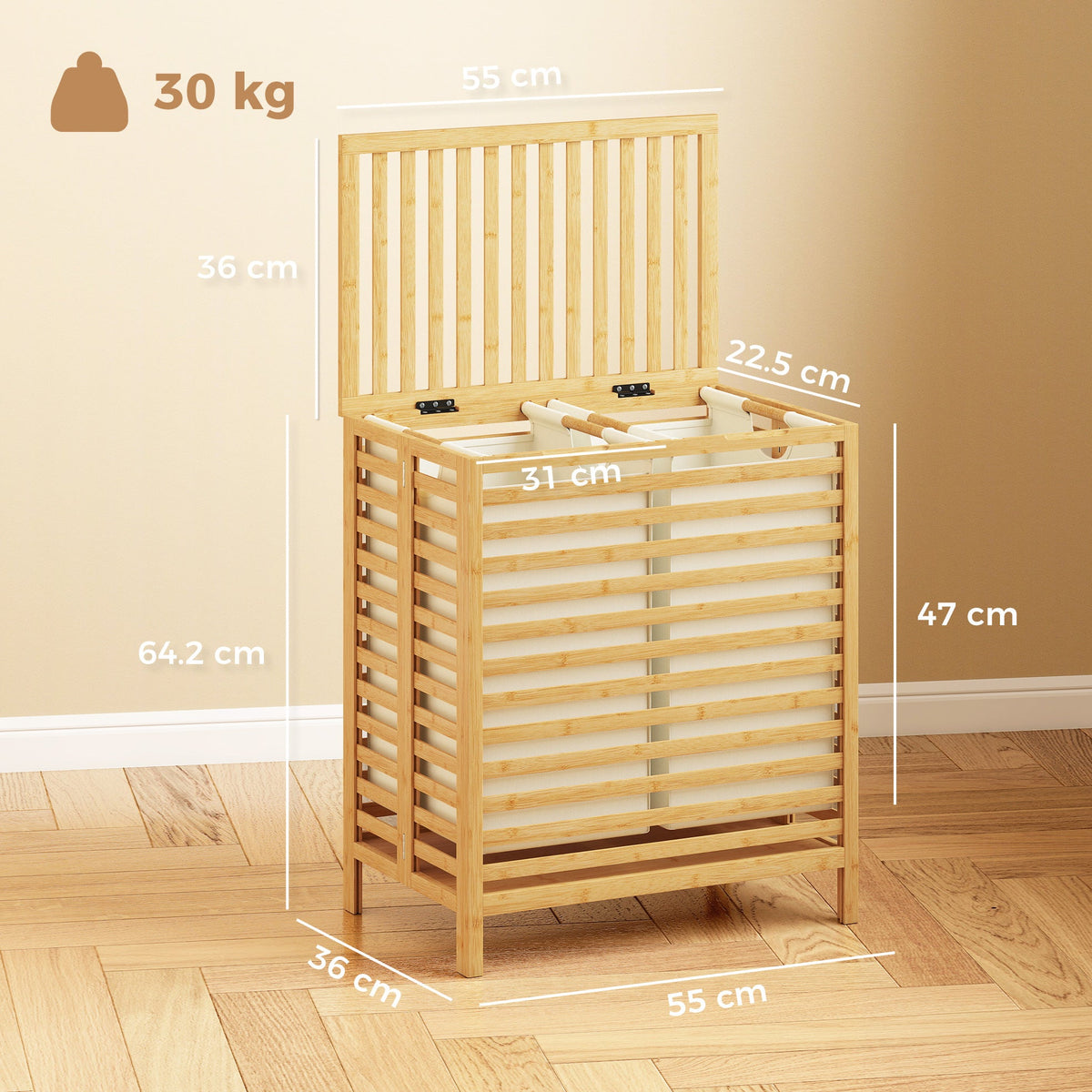 Bamboo Laundry Basket with Lid, 64L Double Laundry Basket with 2 Removable Washable Liners, Folding Laundry Bin Clothes Basket for Bathroom, Bedroom, Natural Bamboo and Cream White
