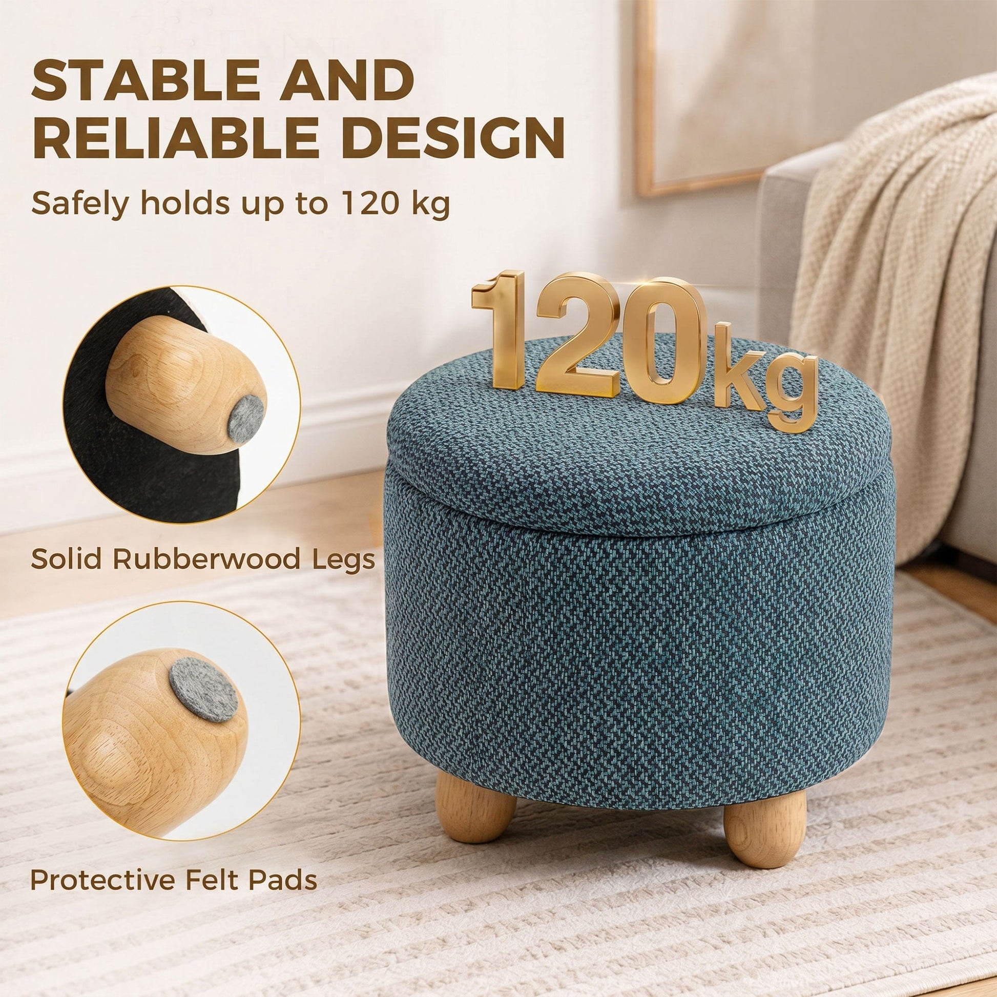 Storage Ottoman, Burlap Fabric Round Small Ottoman Foot Rest with Lid, Rubberwood Legs, End of Bed Bench Footstool for Bedroom, Hallway, Living Room, 38.5 x 38.5 cm, Dark Blue
