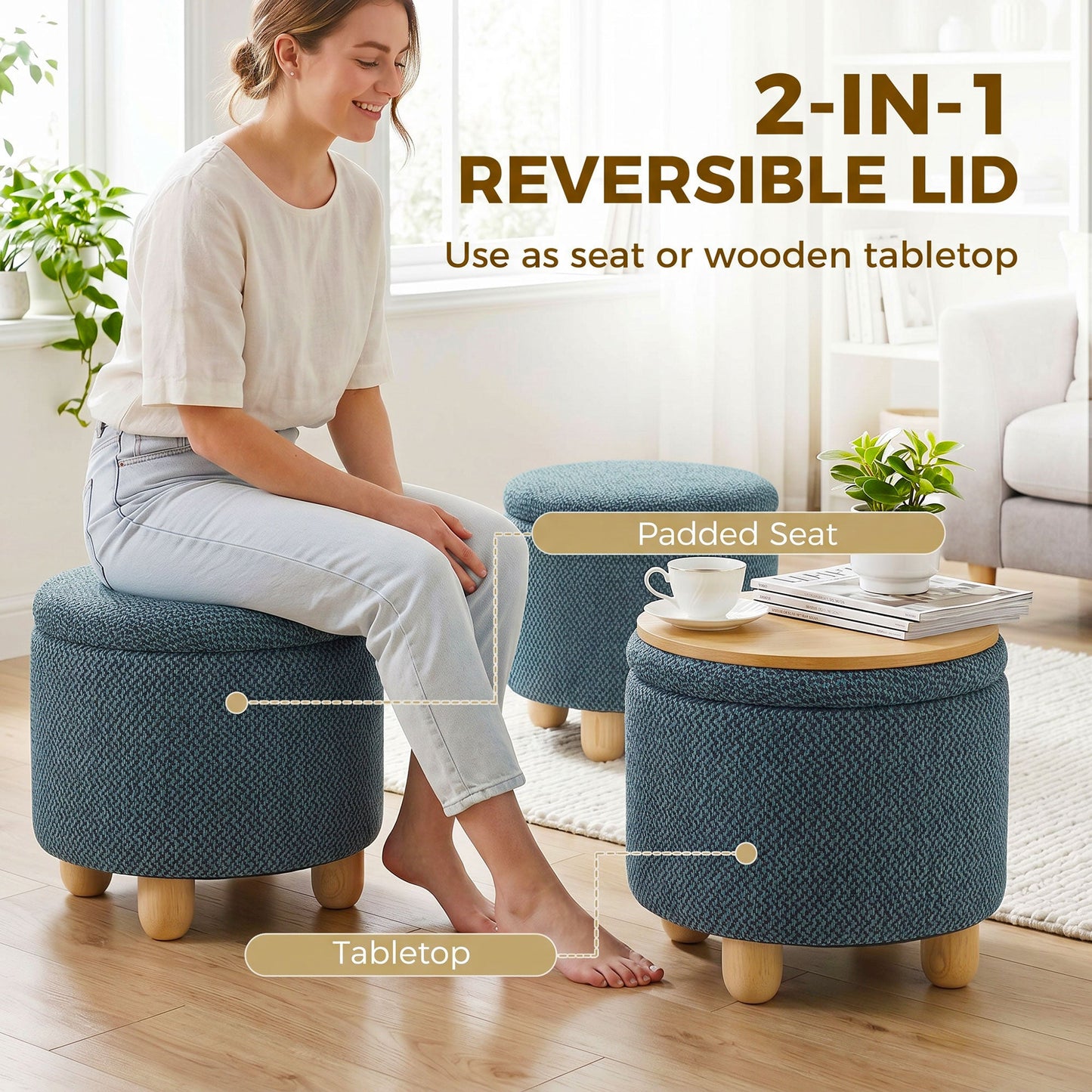 Storage Ottoman, Burlap Fabric Round Small Ottoman Foot Rest with Lid, Rubberwood Legs, End of Bed Bench Footstool for Bedroom, Hallway, Living Room, 38.5 x 38.5 cm, Dark Blue