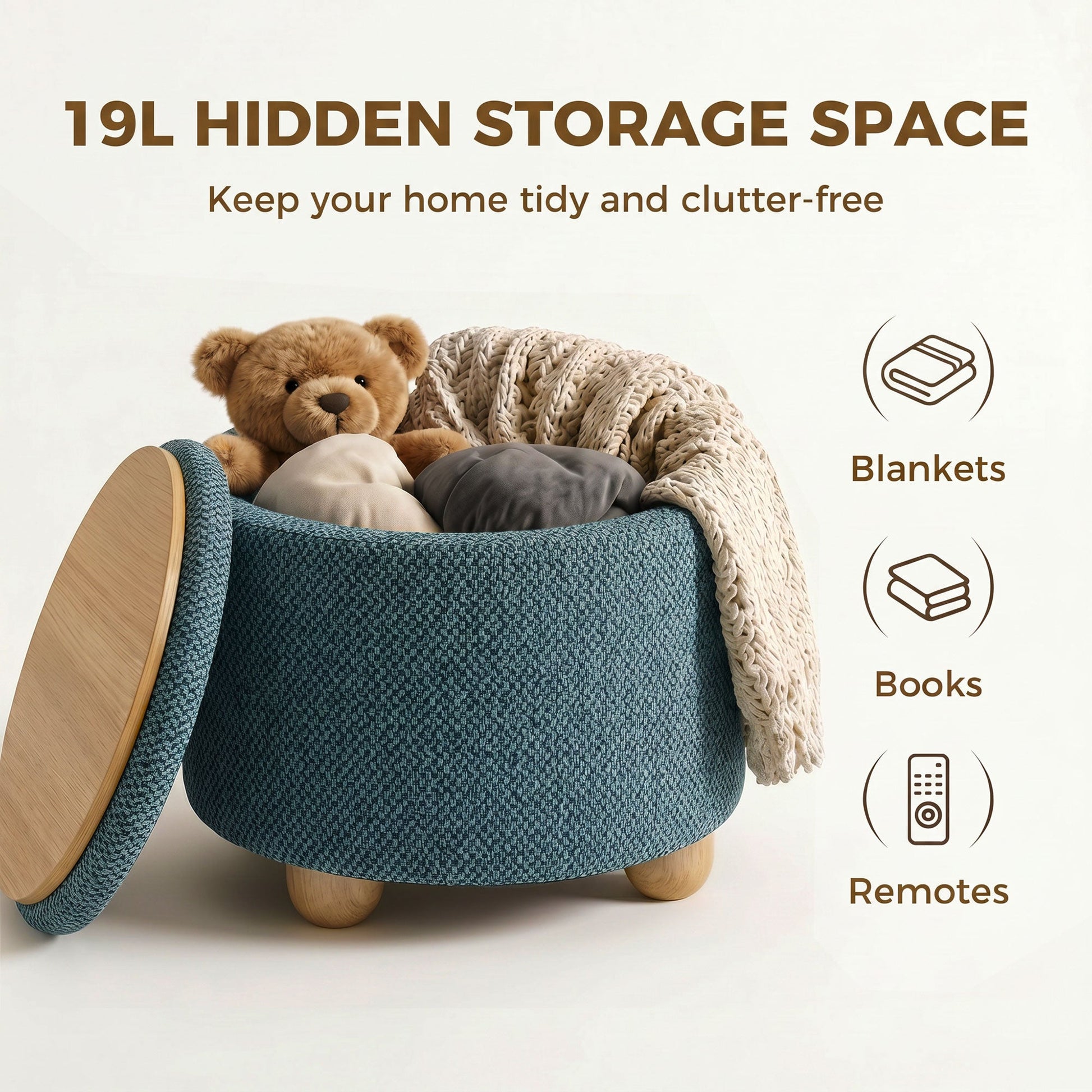 Storage Ottoman, Burlap Fabric Round Small Ottoman Foot Rest with Lid, Rubberwood Legs, End of Bed Bench Footstool for Bedroom, Hallway, Living Room, 38.5 x 38.5 cm, Dark Blue