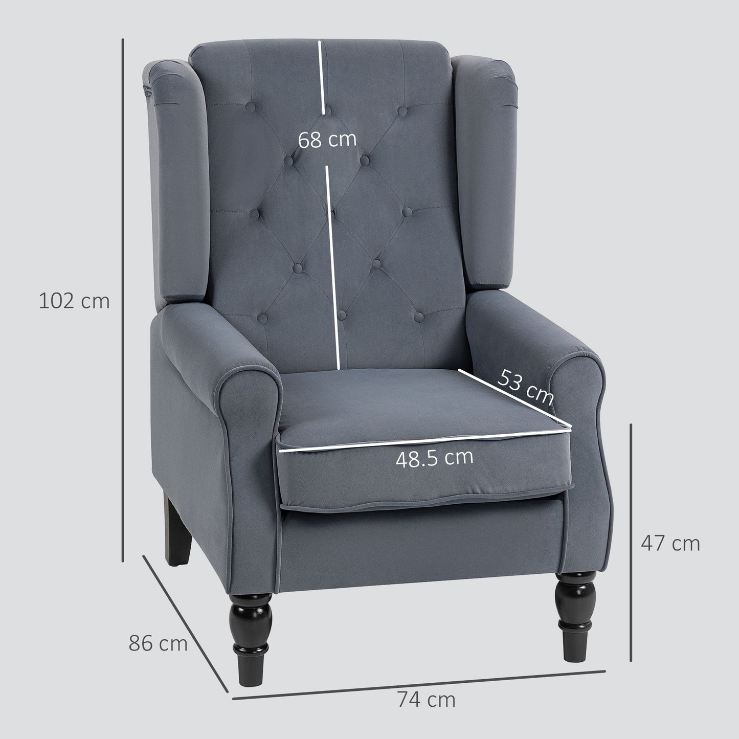 Retro Accent Chair, Velvet Wingback Armchair with Wood Frame Button Tufted Design for Living Room Bedroom, Grey