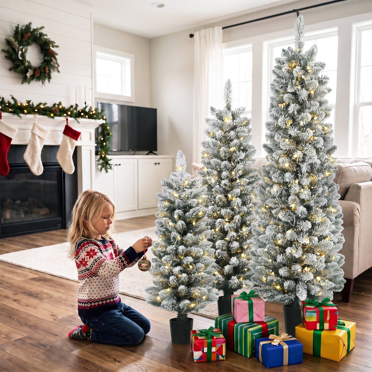 Prelit Snowy Flocked Artificial Christmas Tree Set of 3, Slim Xmas Tree with PVC Tips, Warm White LED Lights, 8 Modes, Space Saving Pencil Xmas Decoration Tree 3FT+4FT+5FT