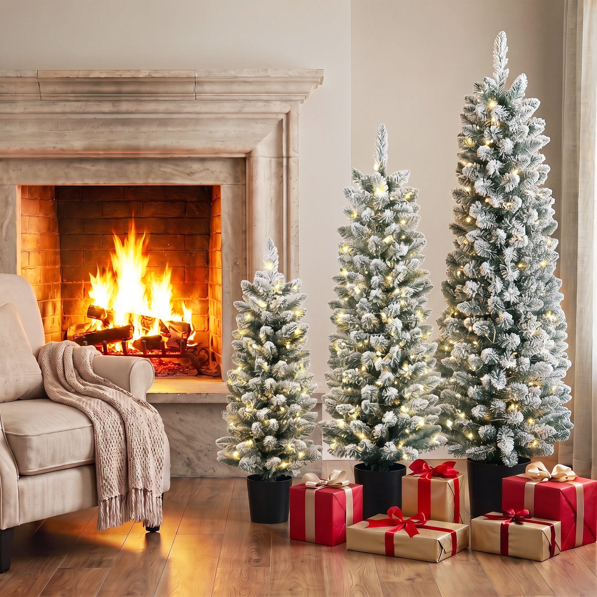 Prelit Snowy Flocked Artificial Christmas Tree Set of 3, Slim Xmas Tree with PVC Tips, Warm White LED Lights, 8 Modes, Space Saving Pencil Xmas Decoration Tree 3FT+4FT+5FT