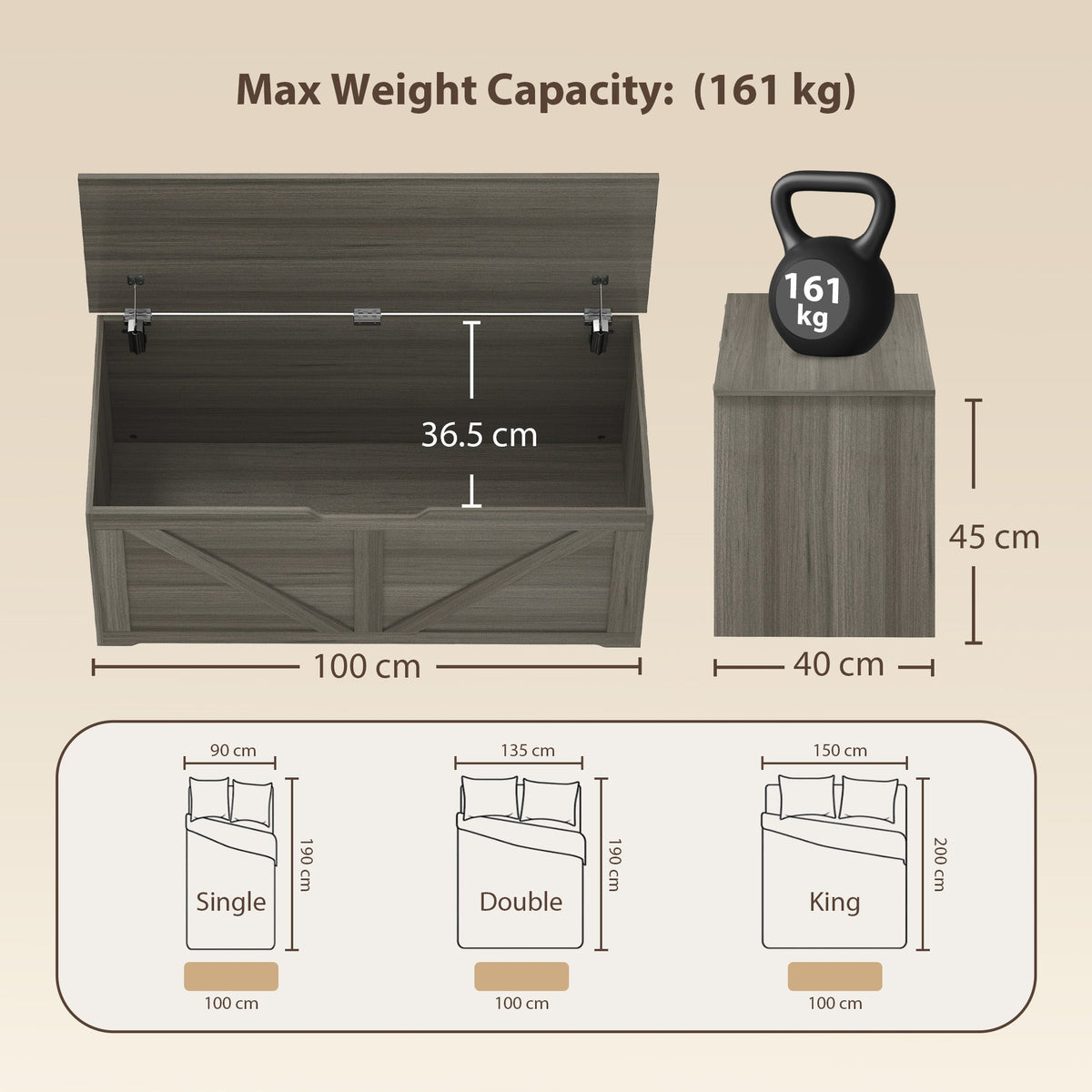 127L Storage Chest, Shoe Storage Trunk Bench Box with 2 Safety Hinges and U-shaped Cut-out Pull, Blanket Box Ottoman for Bedroom, Living Room, Entryway, 100 x 40 x 45 cm, Dark Grey Wood-Effect