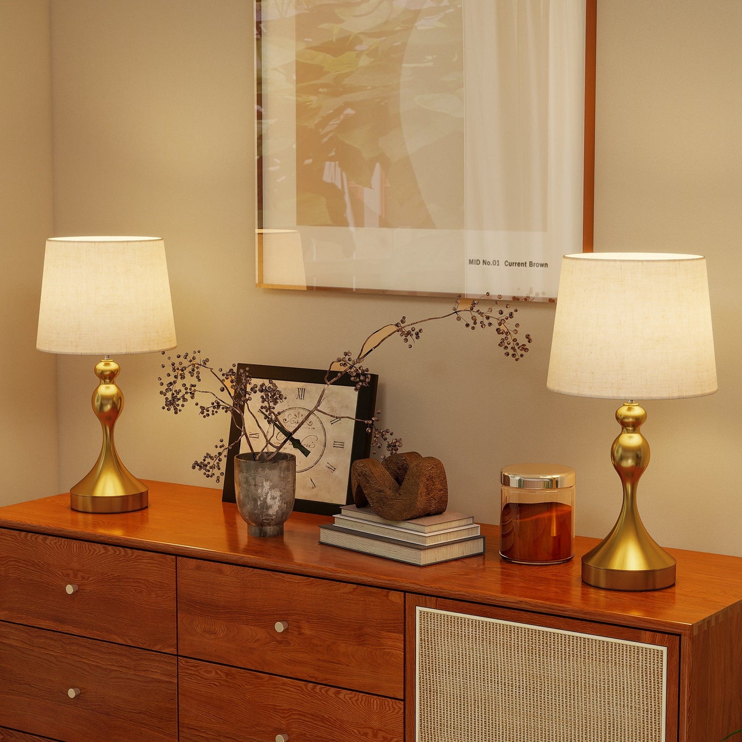 Dimmable Bedside Lamps Set of 2, Modern Table Lamps with 3 Colour Temperatures, USB A+C Charging Ports and Linen Shade for Living Room Bedroom Office, Gold Tone
