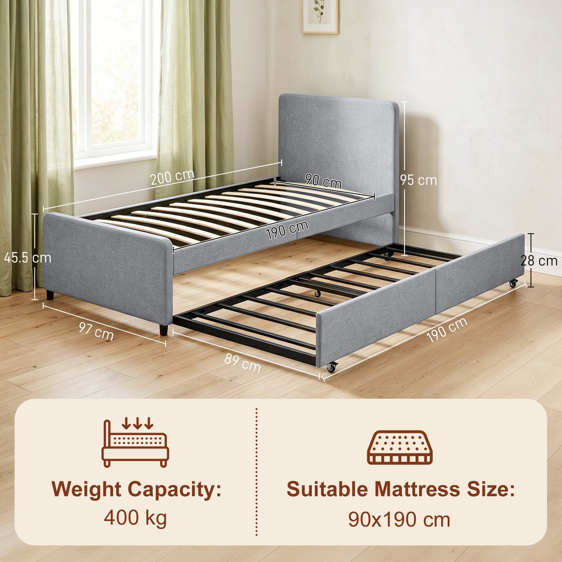 3ft Single Bed Frame with Trundle, Upholstered Pull Out Trundle Bed with Headboard and Footboard for Adults & Teenagers, 90 x 190 cm, No Mattress, Light Grey