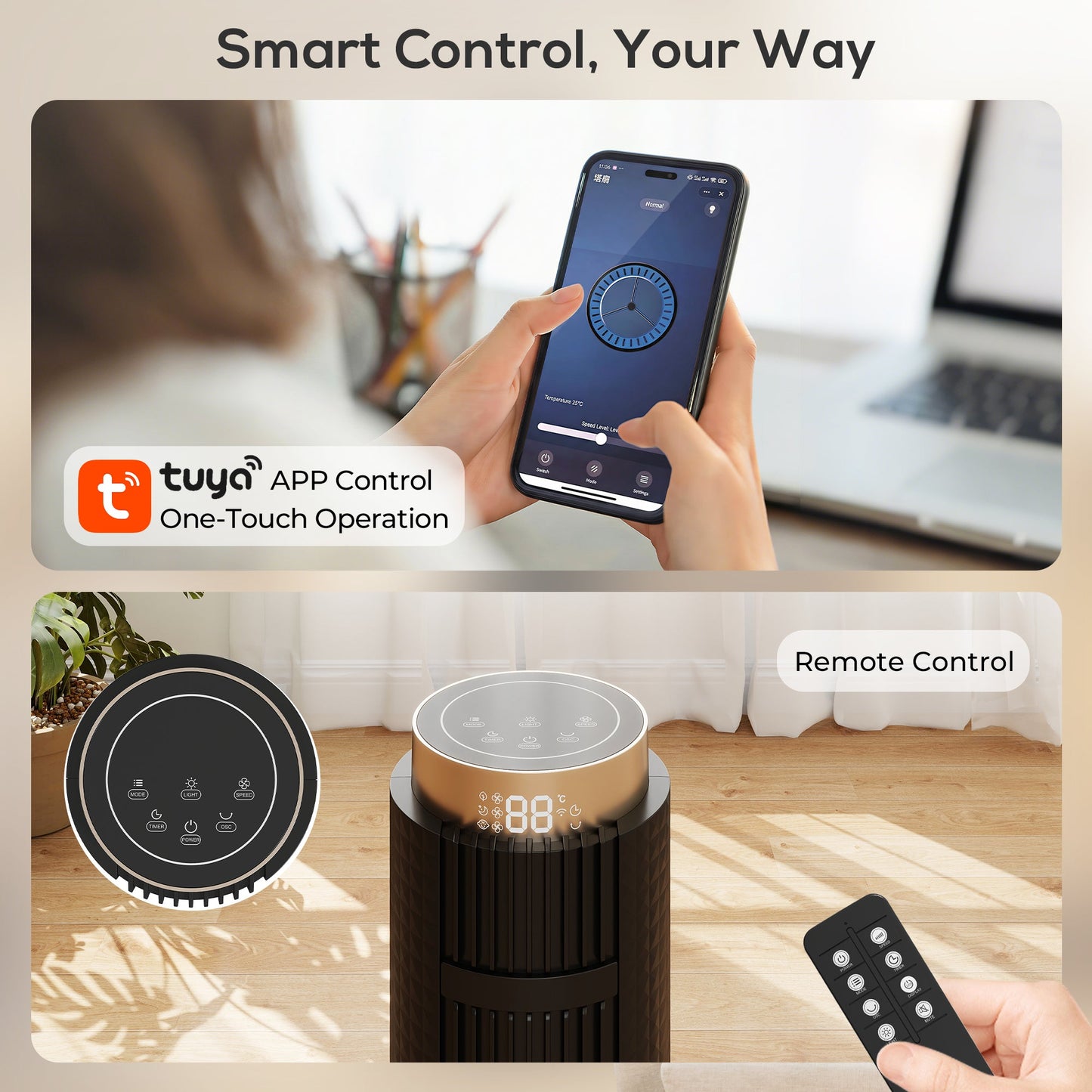 Tower Fan, Standing Floor Fan with Remote Control, WiFi App Control, 65° Oscillating, 3 Speed 4 Modes, 12 Hour Timer and Night Light for Bedroom Office, Black