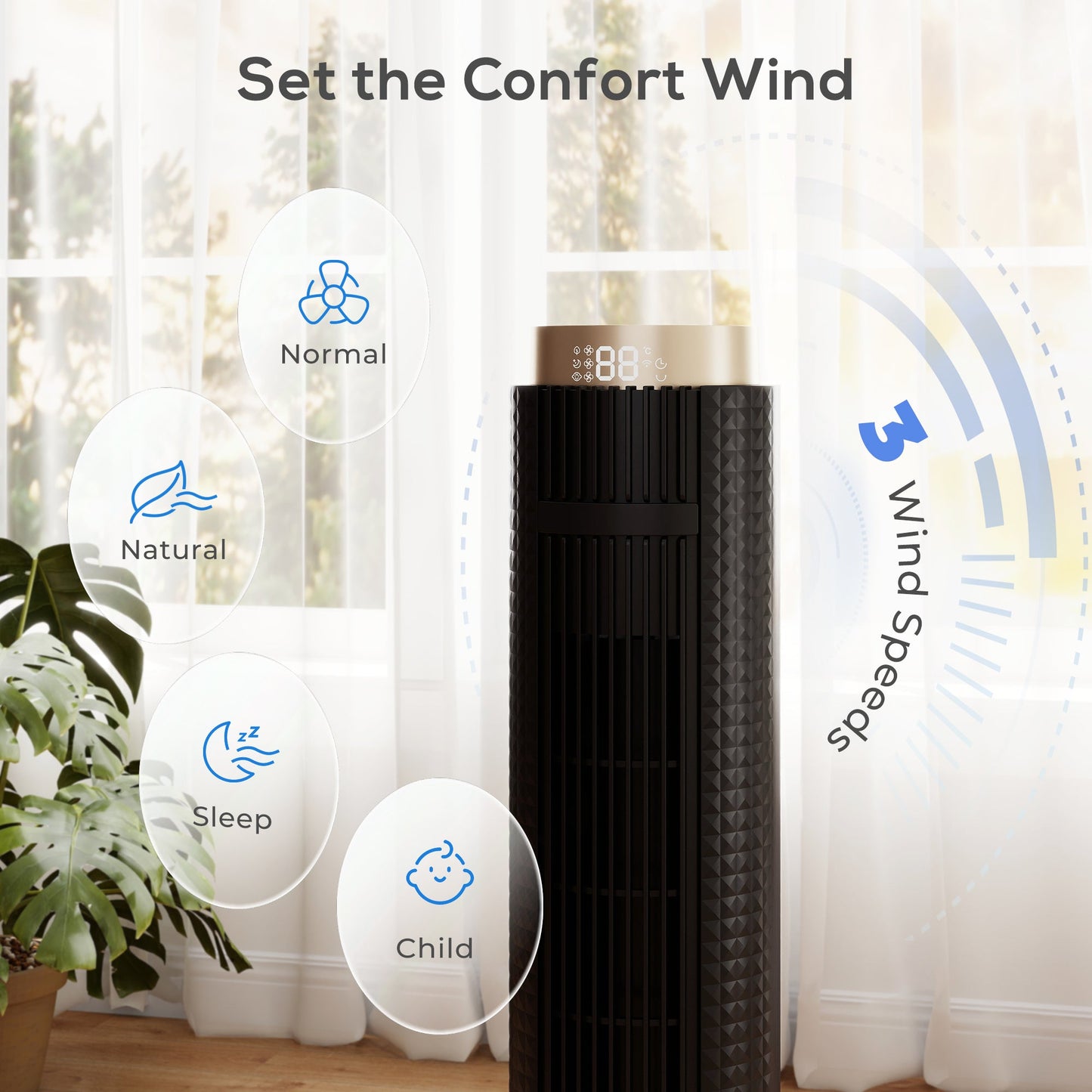 Tower Fan, Standing Floor Fan with Remote Control, WiFi App Control, 65° Oscillating, 3 Speed 4 Modes, 12 Hour Timer and Night Light for Bedroom Office, Black