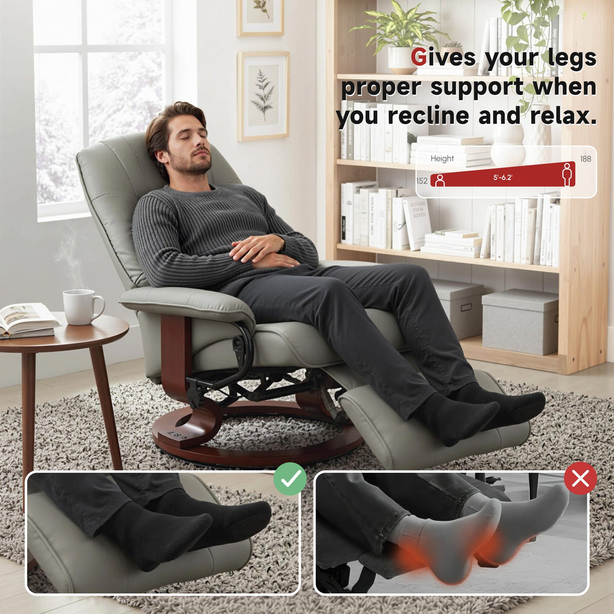 Manual Recliner Chair with Faux Leather Upholstered & Wooden Base for Living Room, Grey - HOMCOM