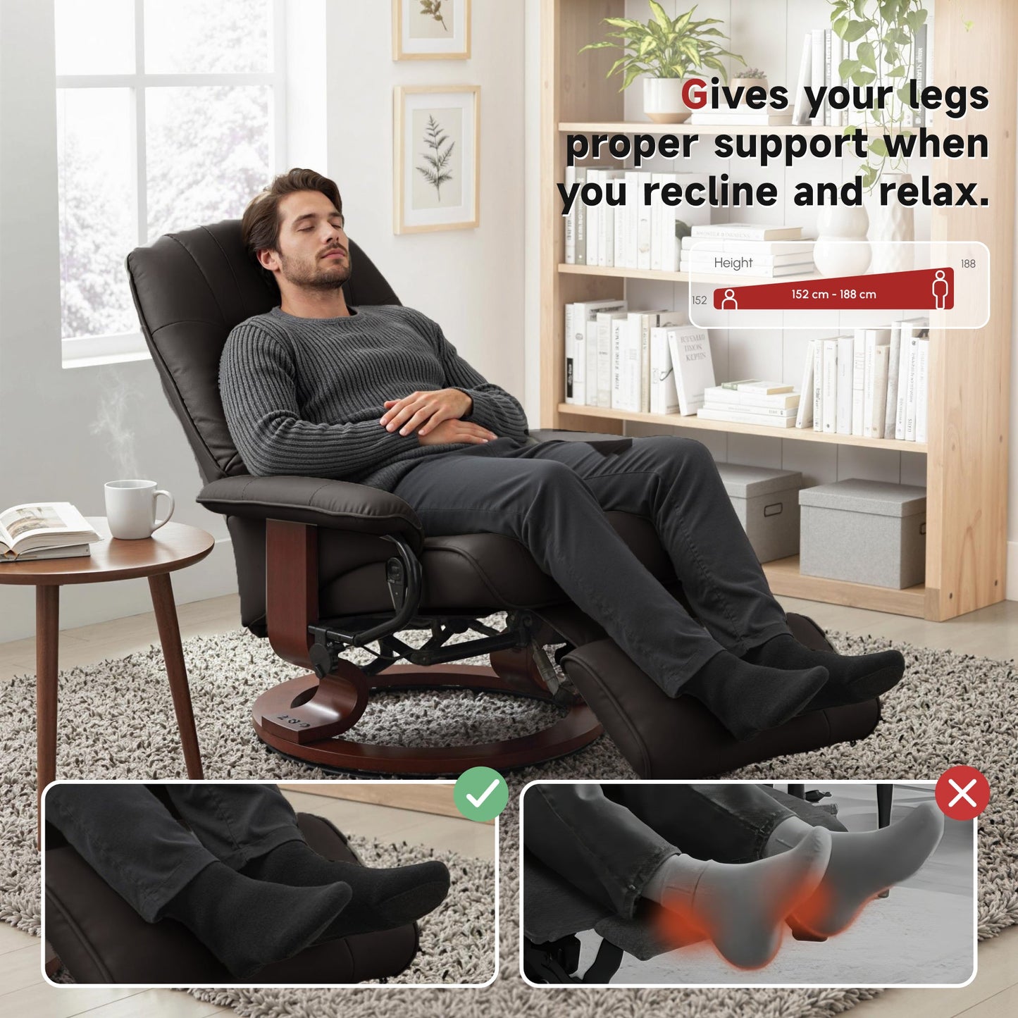 Manual Recliner Chair with Faux Leather Upholstered & Wooden Base for Living Room, Black - HOMCOM