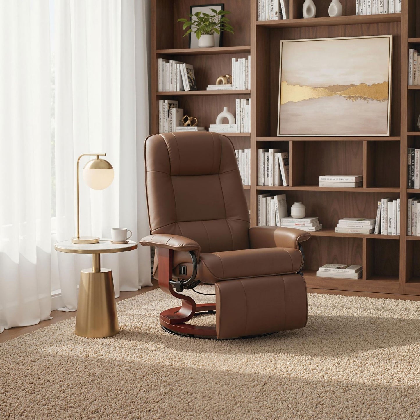 Manual Recliner Chair with Faux Leather Upholstered & Wooden Base for Living Room, Brown - HOMCOM