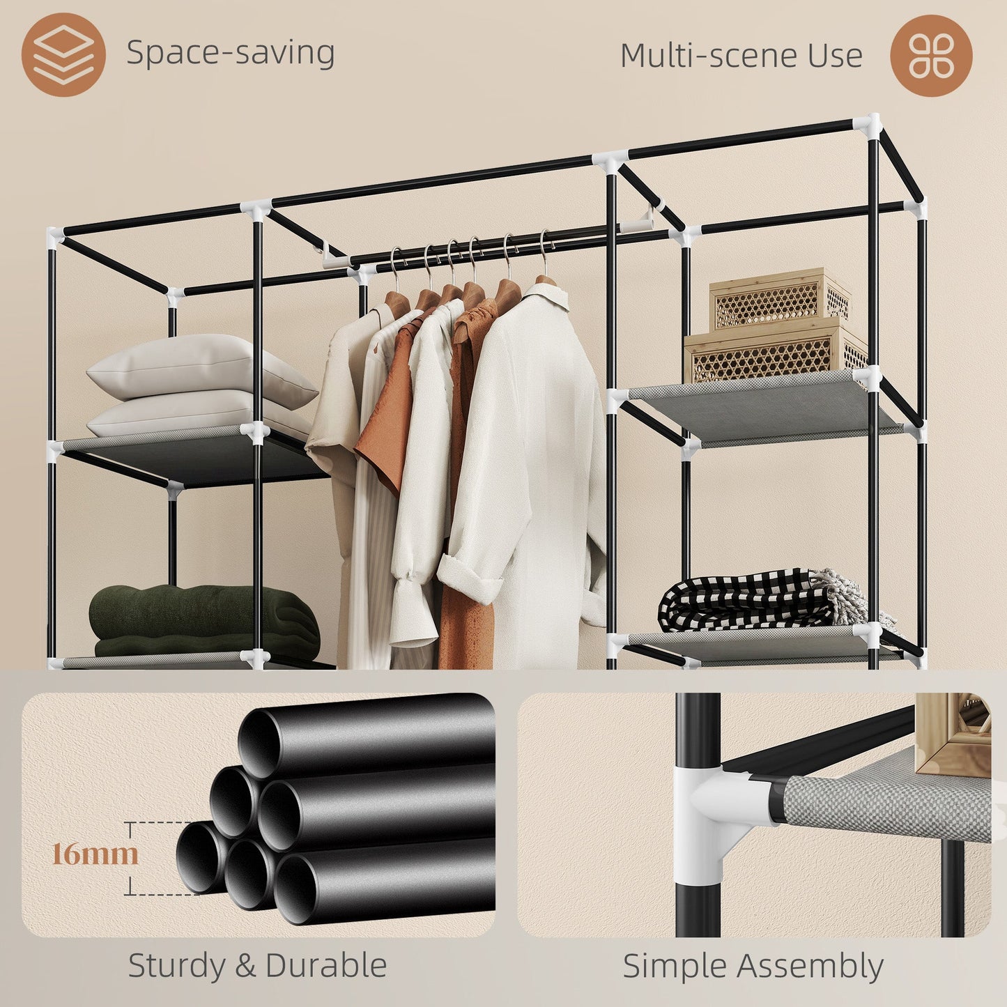 Portable Wardrobe, Foldable Fabric Wardrobe, 150 x 43 x 162.5cm, Clothes Storage Organiser with Hanging Rail, Shelves, Fabric Cover for Bedroom, Light Grey