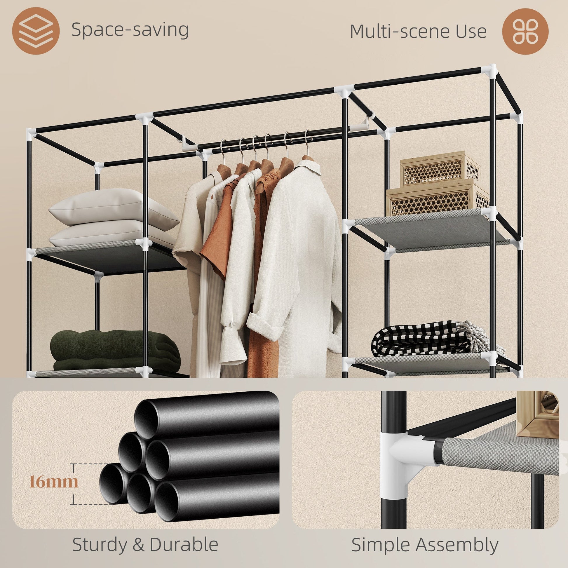 Portable Wardrobe, Foldable Fabric Wardrobe, 150 x 43 x 162.5cm, Clothes Storage Organiser with Hanging Rail, Shelves, Fabric Cover for Bedroom, Light Grey