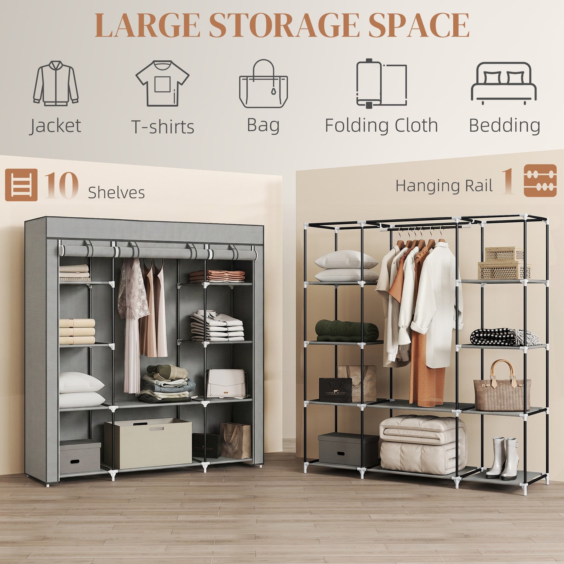 Portable Wardrobe, Foldable Fabric Wardrobe, 150 x 43 x 162.5cm, Clothes Storage Organiser with Hanging Rail, Shelves, Fabric Cover for Bedroom, Light Grey