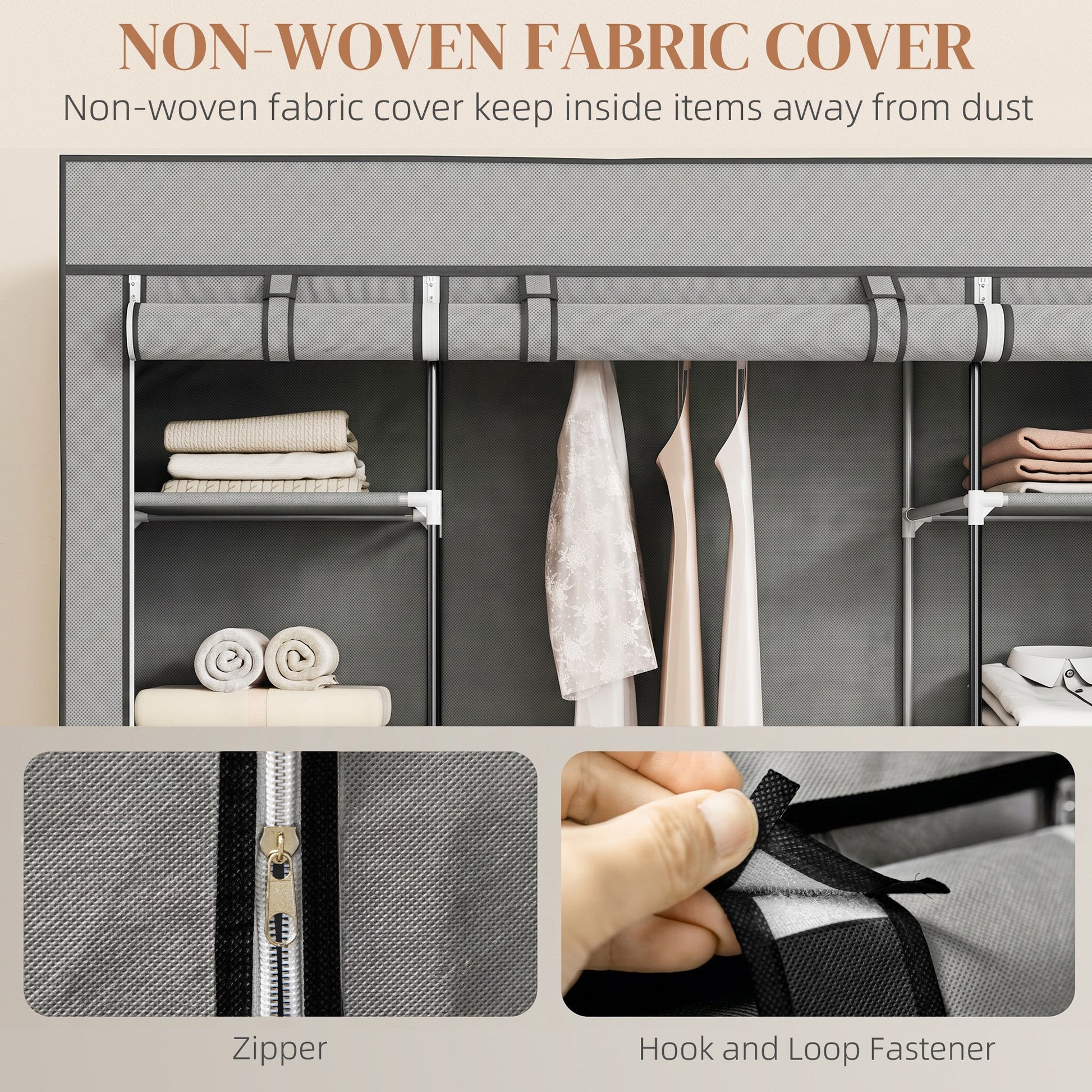 Portable Wardrobe, Foldable Fabric Wardrobe, 150 x 43 x 162.5cm, Clothes Storage Organiser with Hanging Rail, Shelves, Fabric Cover for Bedroom, Light Grey