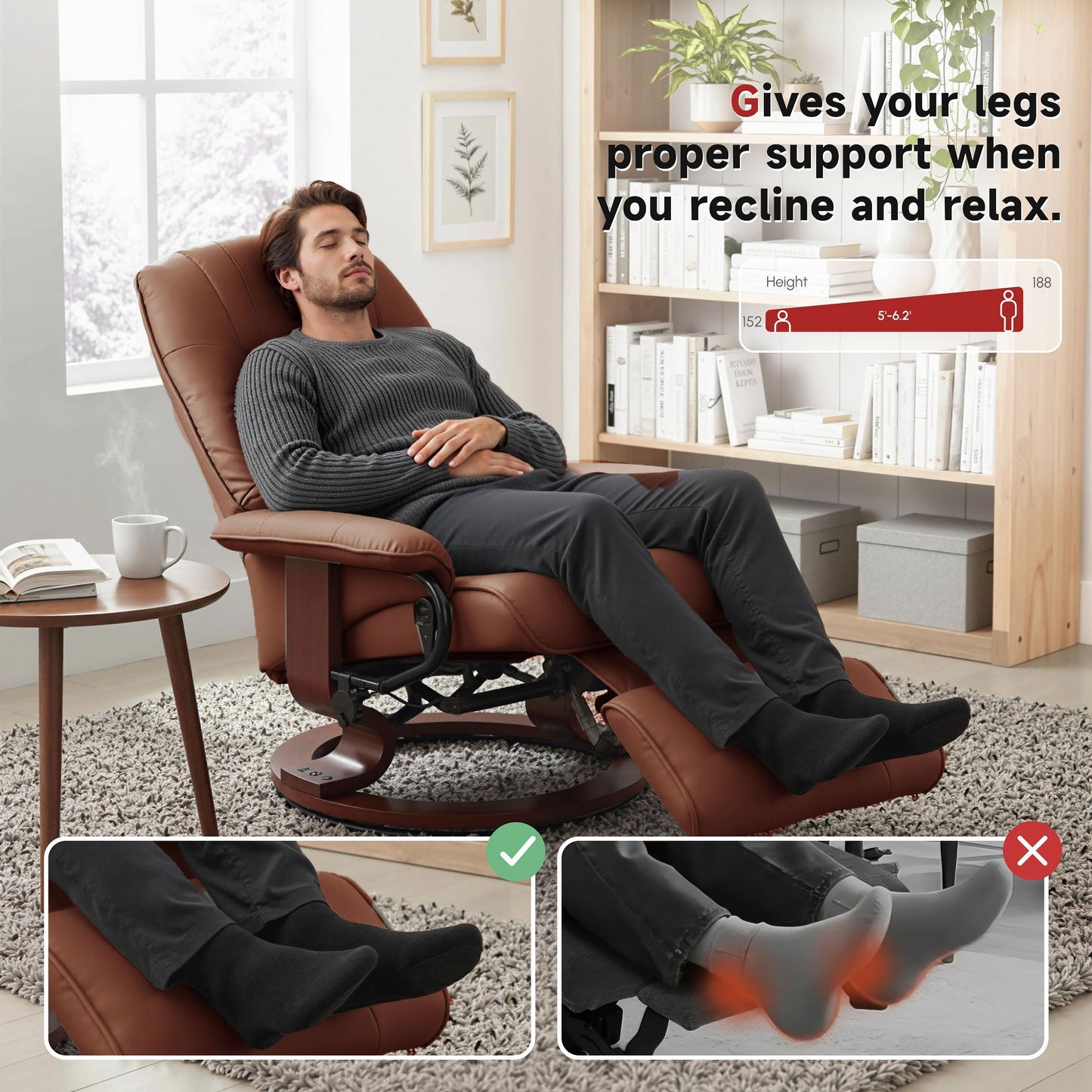 Manual Recliner Chair with Faux Leather Upholstered & Wooden Base for Living Room, Brown - HOMCOM