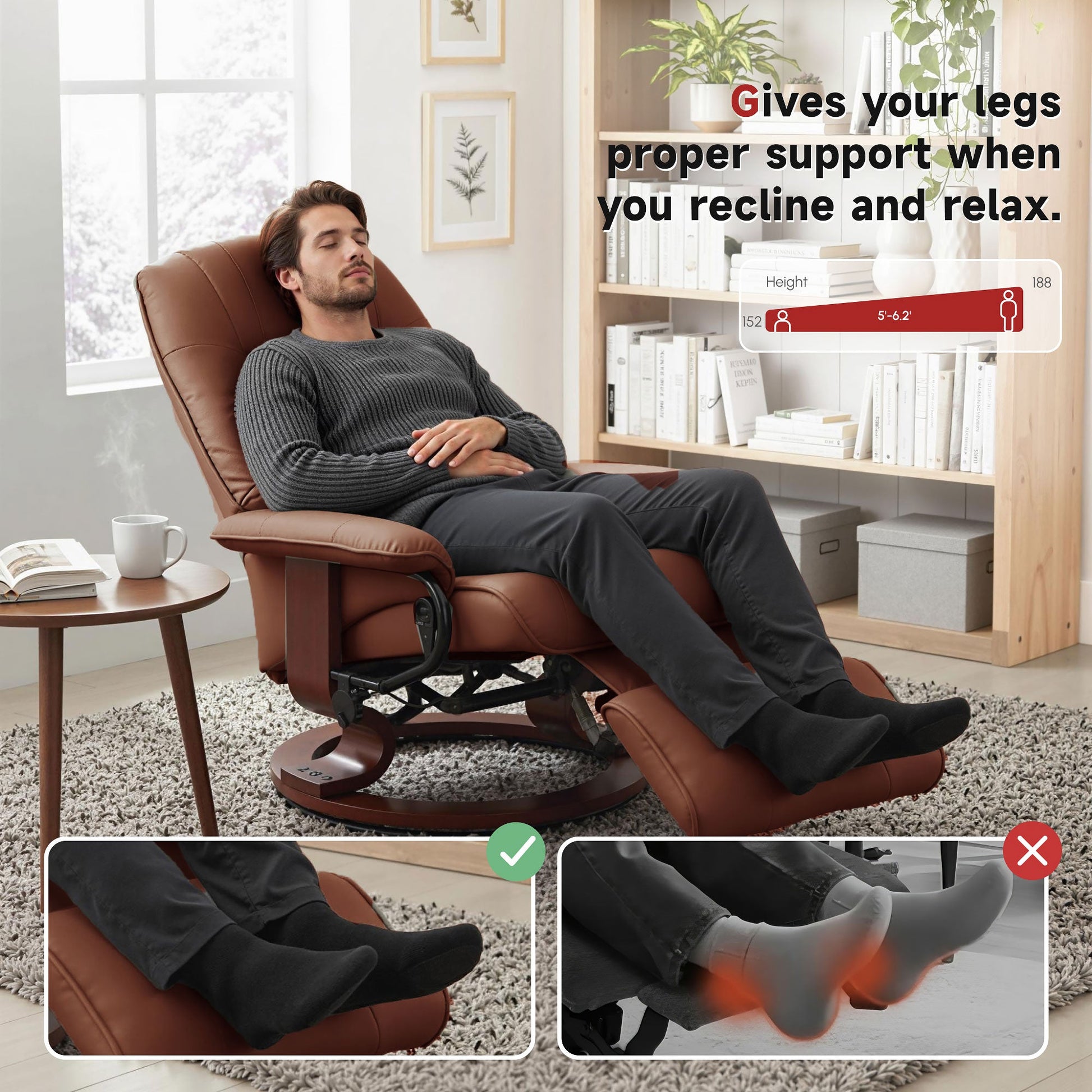 Manual Recliner Chair with Faux Leather Upholstered & Wooden Base for Living Room, Brown - HOMCOM