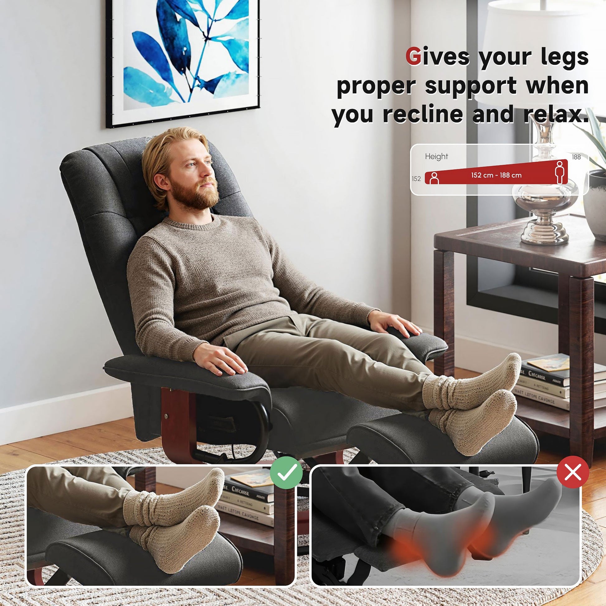 Manual Recliner Chair with Linen-Like Upholstered & Wooden Base for Living Room, Grey - HOMCOM