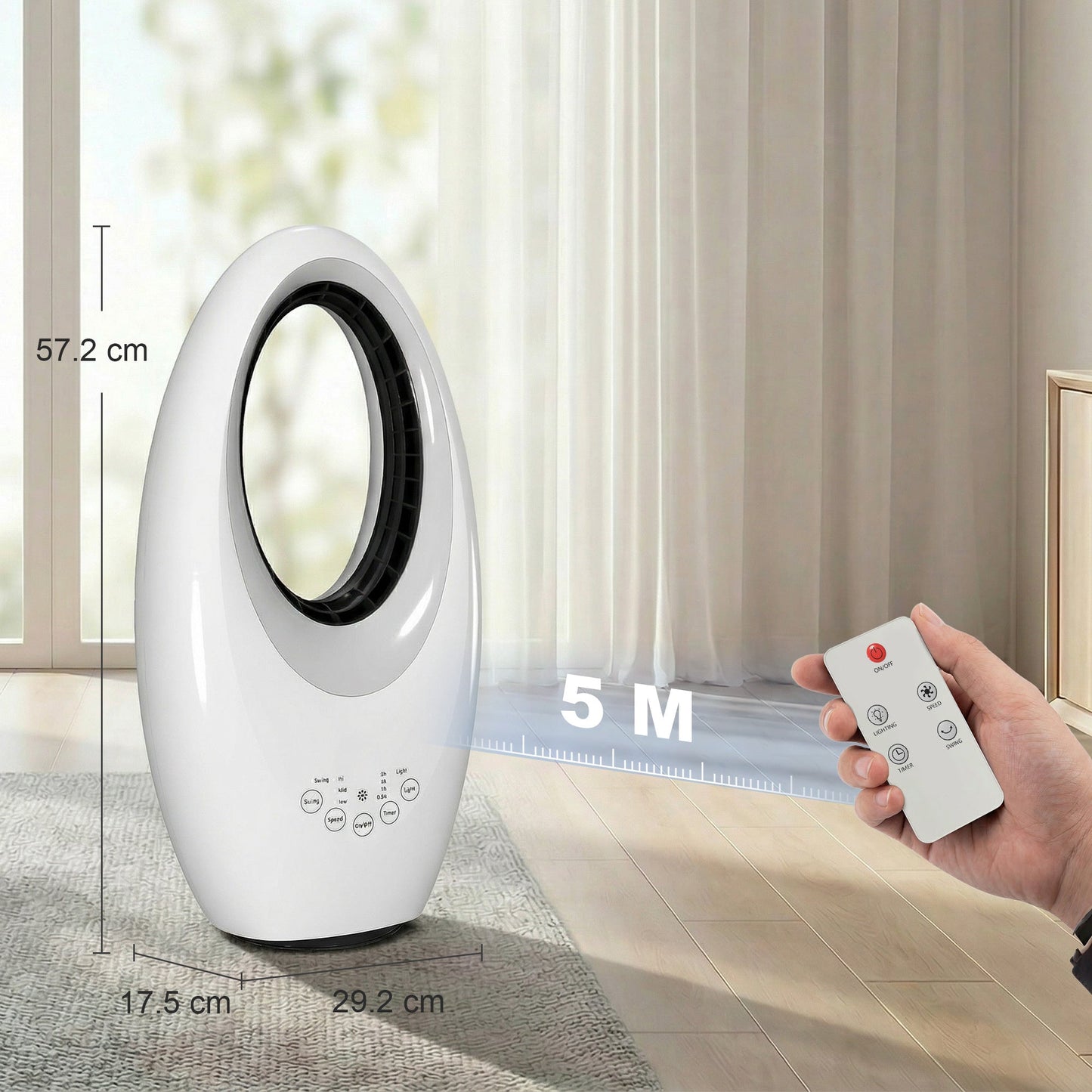 Bladeless Tower Fan for Bedroom, 36dB Standing Cooling Fan with 60° Oscillating, LED Lights, 3 Speeds, 7.5H Timer, Remote Control, White