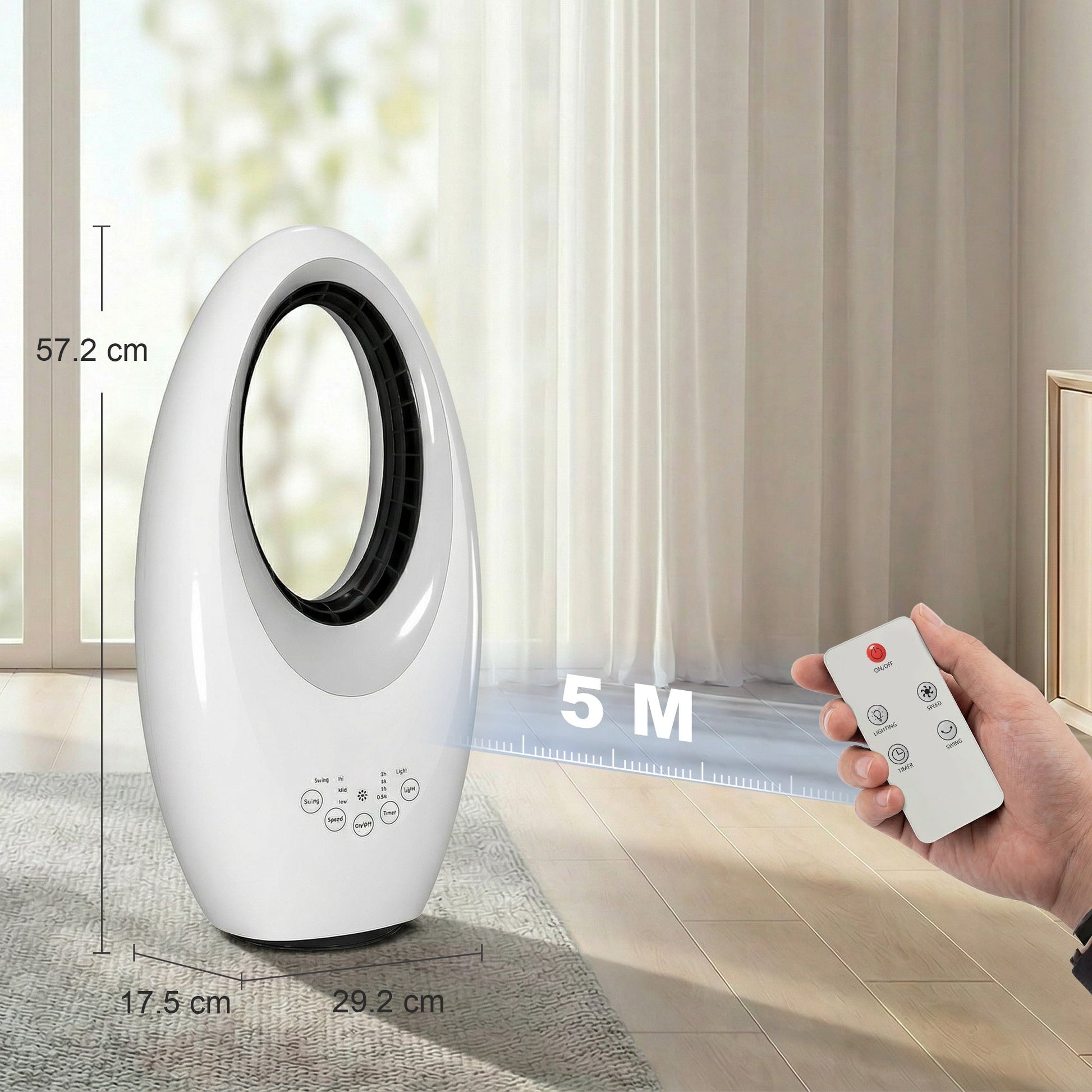 Bladeless Tower Fan for Bedroom, 36dB Standing Cooling Fan with 60° Oscillating, LED Lights, 3 Speeds, 7.5H Timer, Remote Control, White
