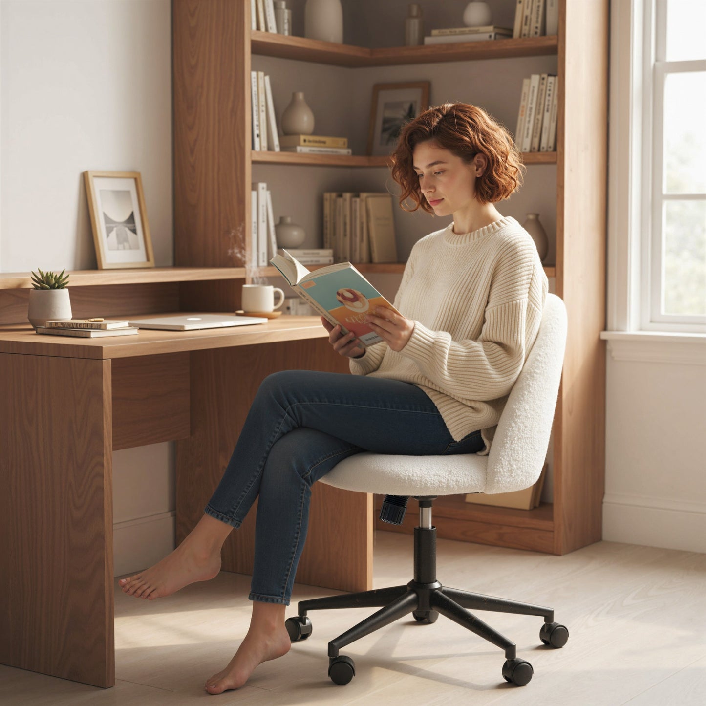Computer Desk Chair, Teddy Fleece Swivel Office Chair with Height Adjustable, Wheels, High-Resilience Foam, Tilting Function, for Home Study Bedroom Makeup Vanity, Cream White