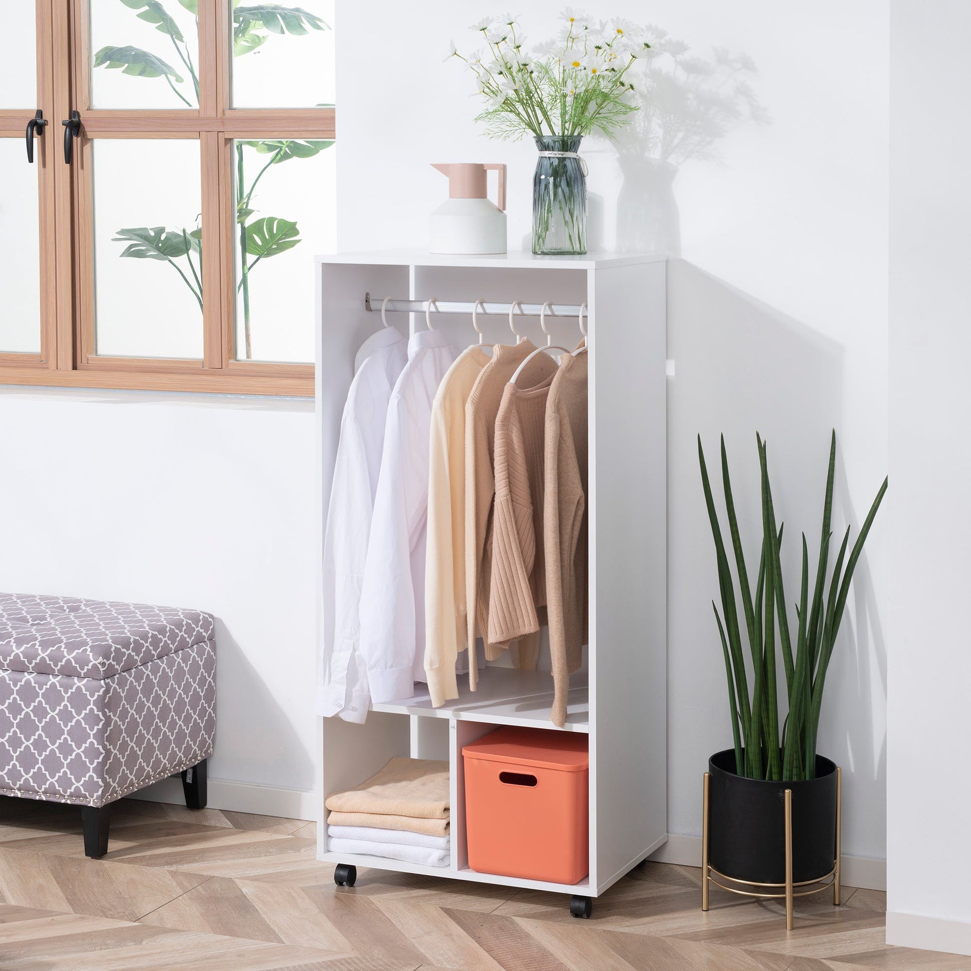 HOMCOM Open Wardrobe for Bedroom, Small Wardrobe on Wheels with Clothes Rail, Storage Shelves, Mobile Garment Rack for Clothes Storage, Cloakroom, Hallway, White