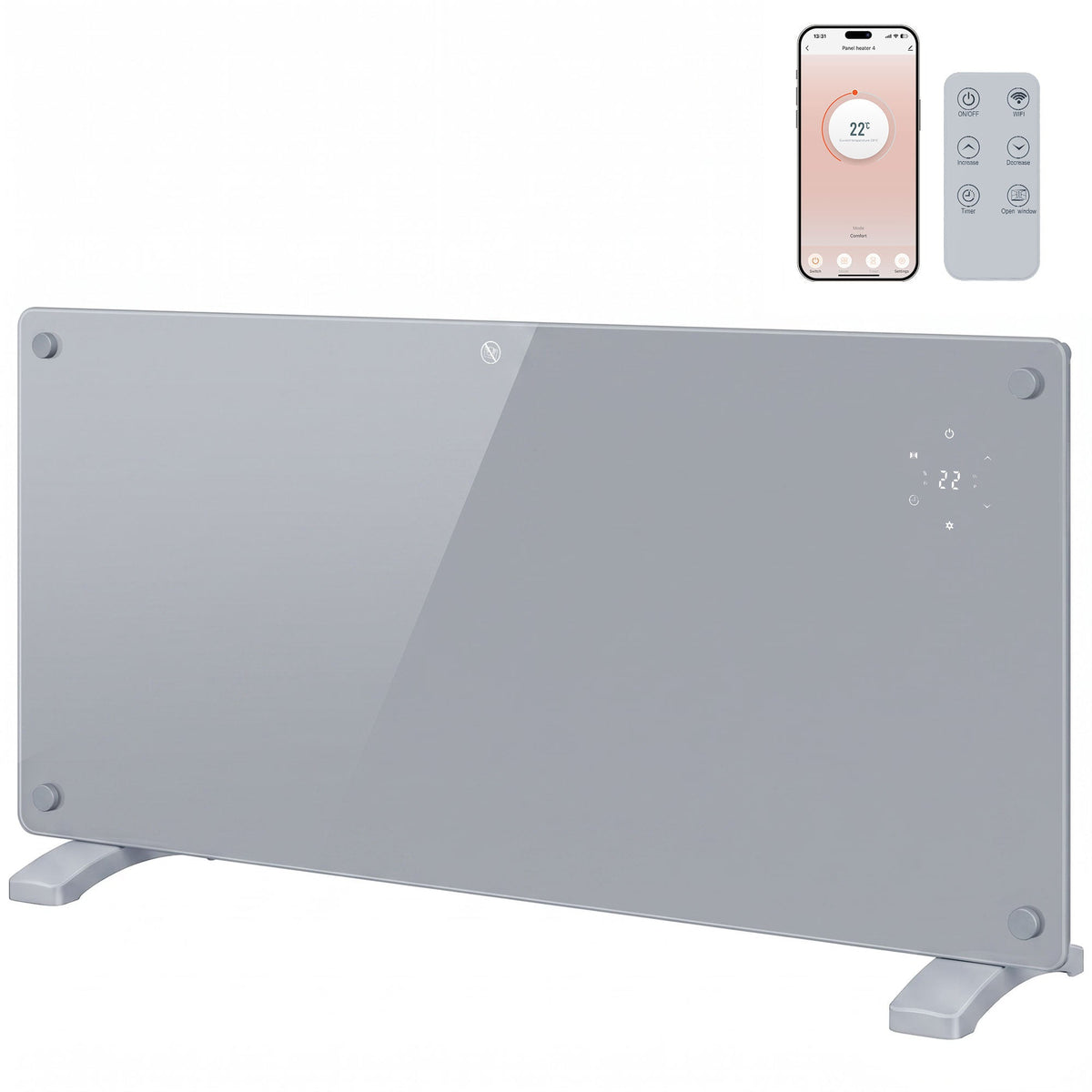2000W Smart Glass Panel Heater Wall Mounted & Freestanding, Wifi Enabled, Works With Alexa & Google Home, Electric Heater with Weekly Timer, Open Window & Anti-Frost Mode, Thermostat, Grey