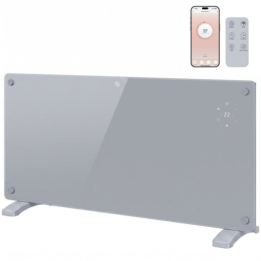 2000W Smart Glass Panel Heater Wall Mounted & Freestanding, Wifi Enabled, Works With Alexa & Google Home, Electric Heater with Weekly Timer, Open Window & Anti-Frost Mode, Thermostat, Grey