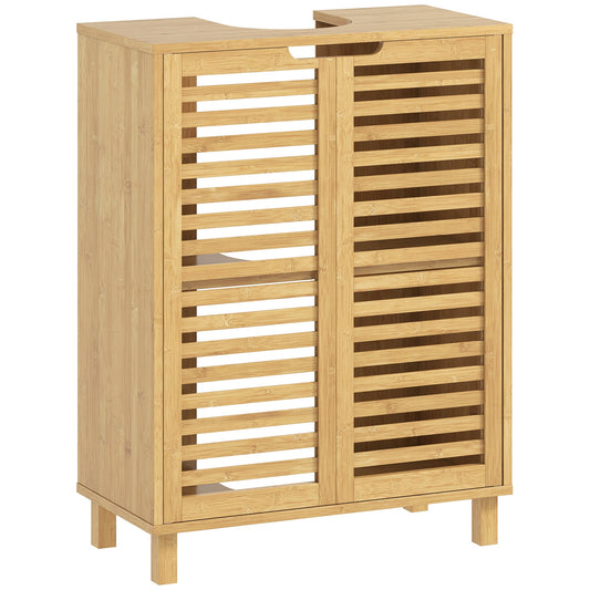 Under Sink Bathroom Cabinet, Freestanding Bamboo Under Sink Cabinet with Louvered Doors and Adjustable Shelf for Basin without or with Pedestal, Natural