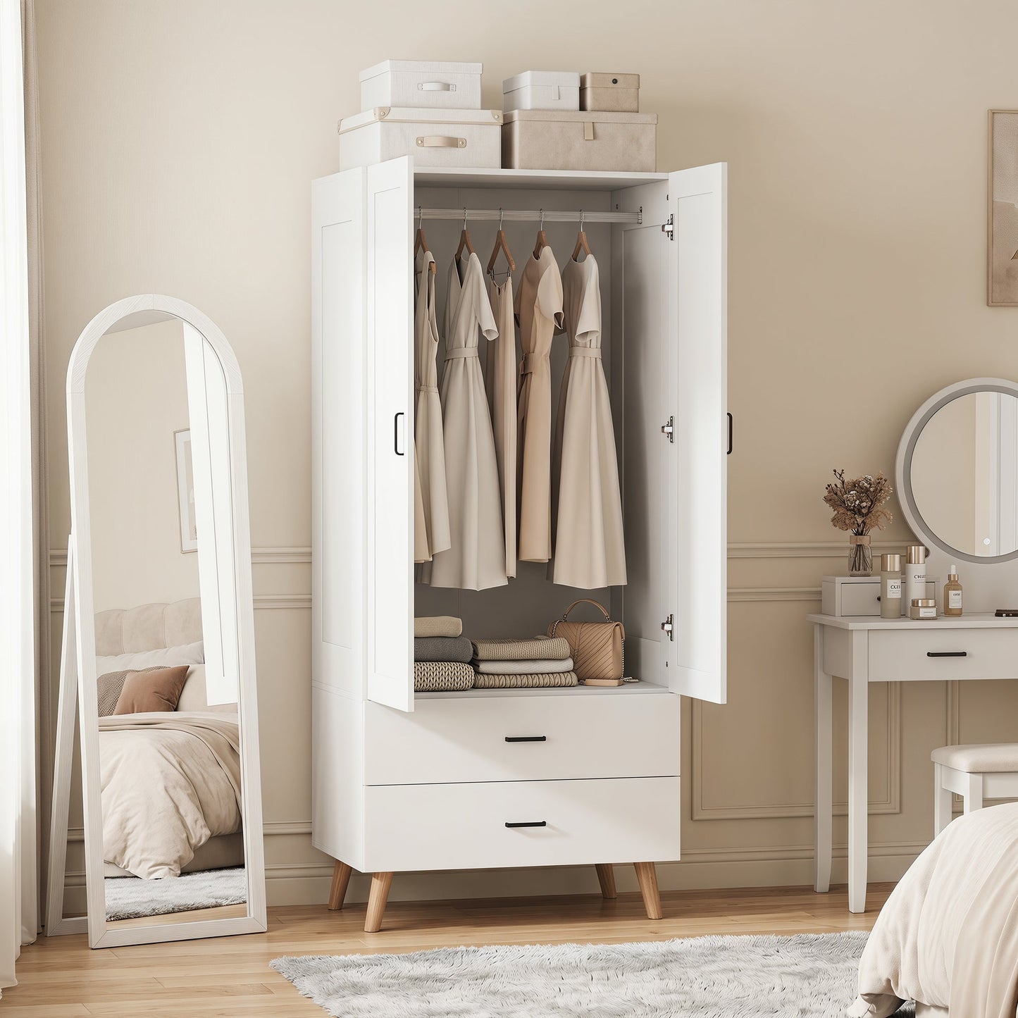 2-Door Wardrobe, Modern Deep Wardrobe with 2 Drawers and Hanging Rail for Bedroom, Flats, 80 x 54 x 180 cm, White