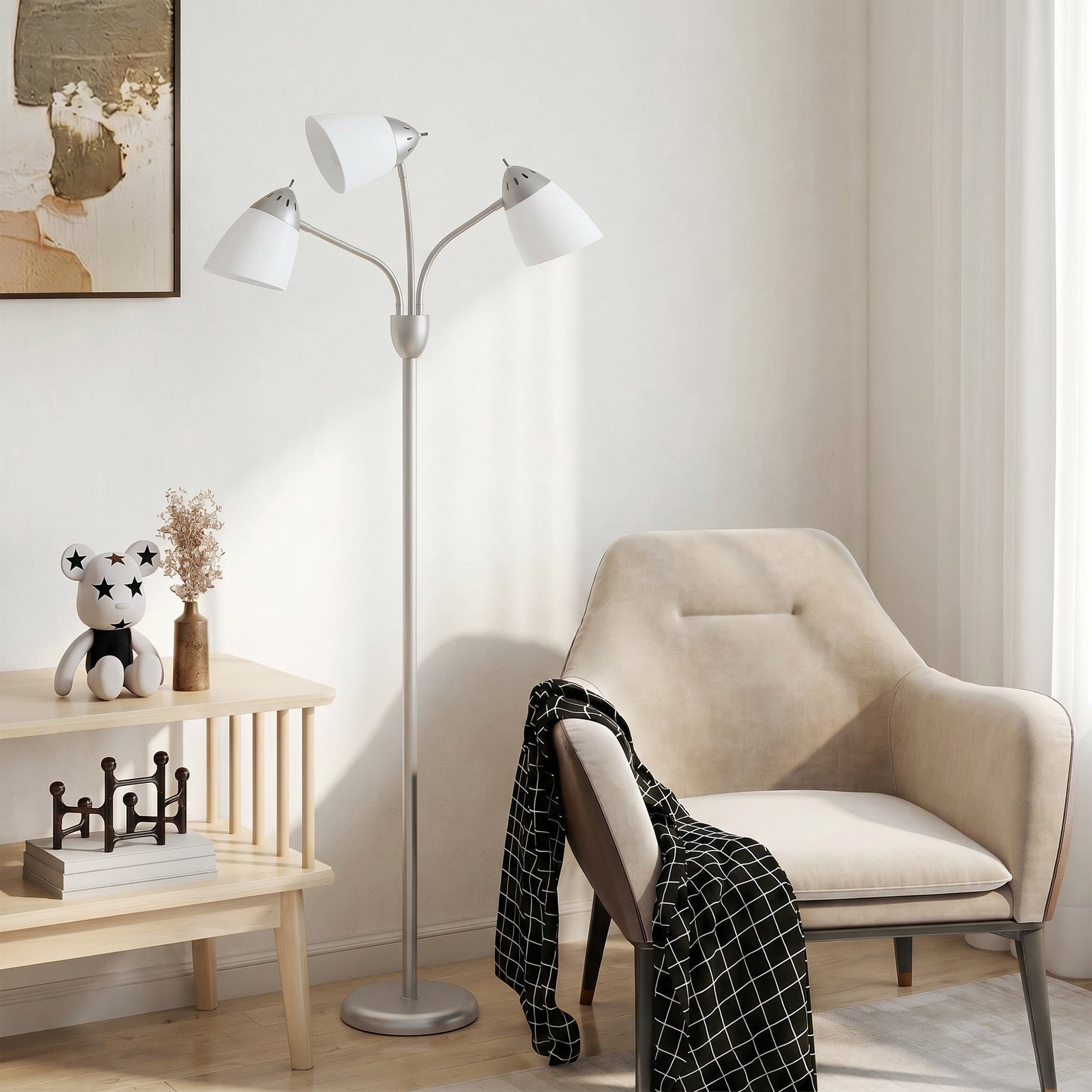 Arc Tree Floor Lamp with 3 Adjustable Rotating Lights, Industrial Standing Lamp with Steel Frame for Bedroom Living Room, 155cm, Silver Tone