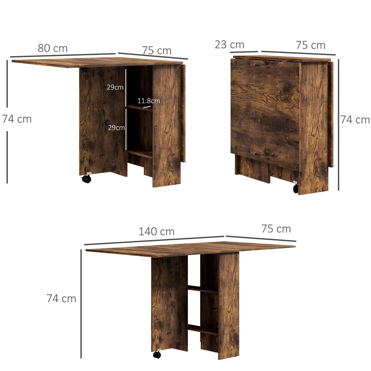80-140 cm Folding Dining Table for 4-6 People, Drop Leaf Table with 2-Tier Shelves, Rolling Casters, for Small Spaces, Kitchen, Flat, Dining Room, Rustic Brown