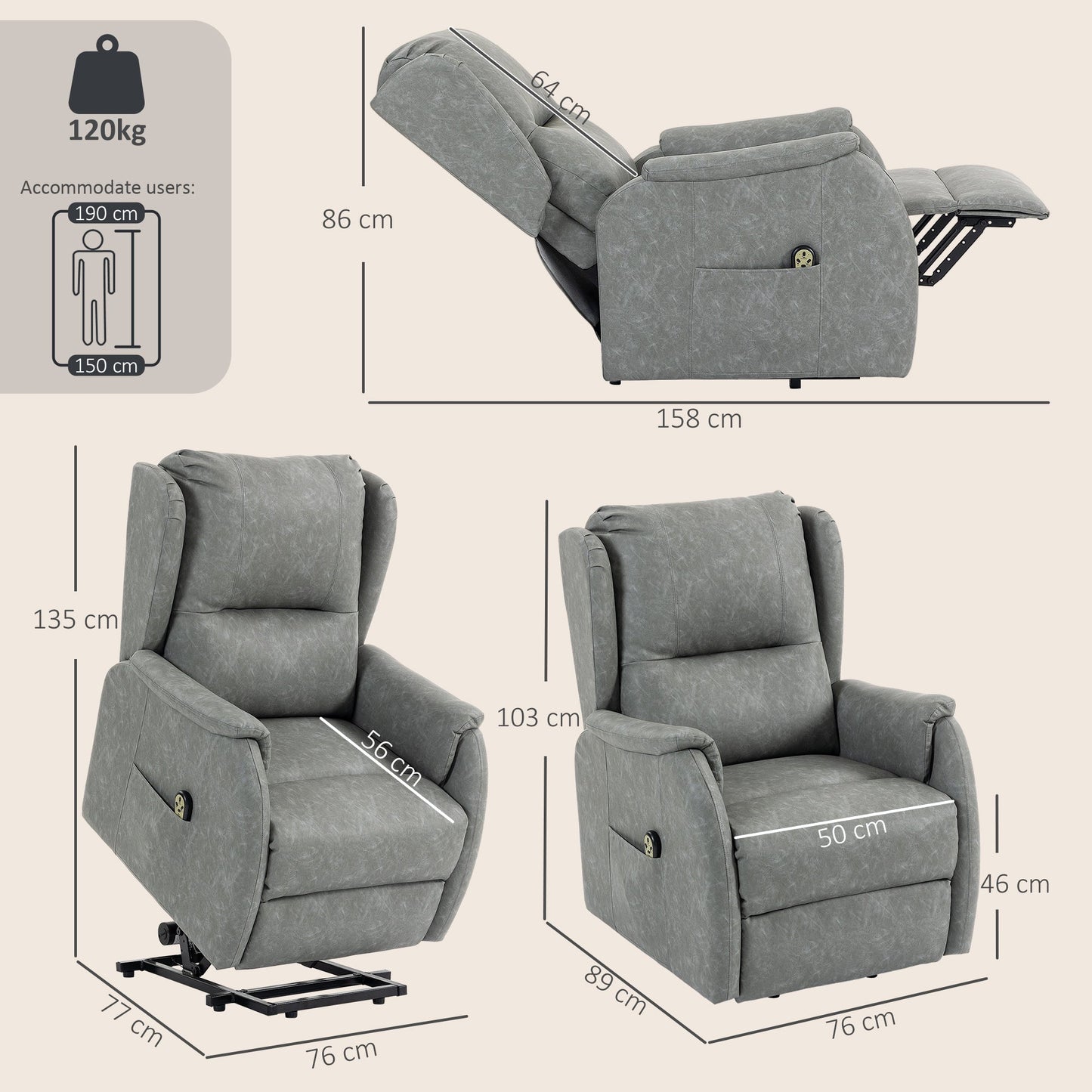 Dual Motor Power Lift Recliner Chair, Electric Lift Chair for Elderly, Faux Leather Riser and Reclining Armchair with Remote Control, Side Pockets, for Living Room, Grey