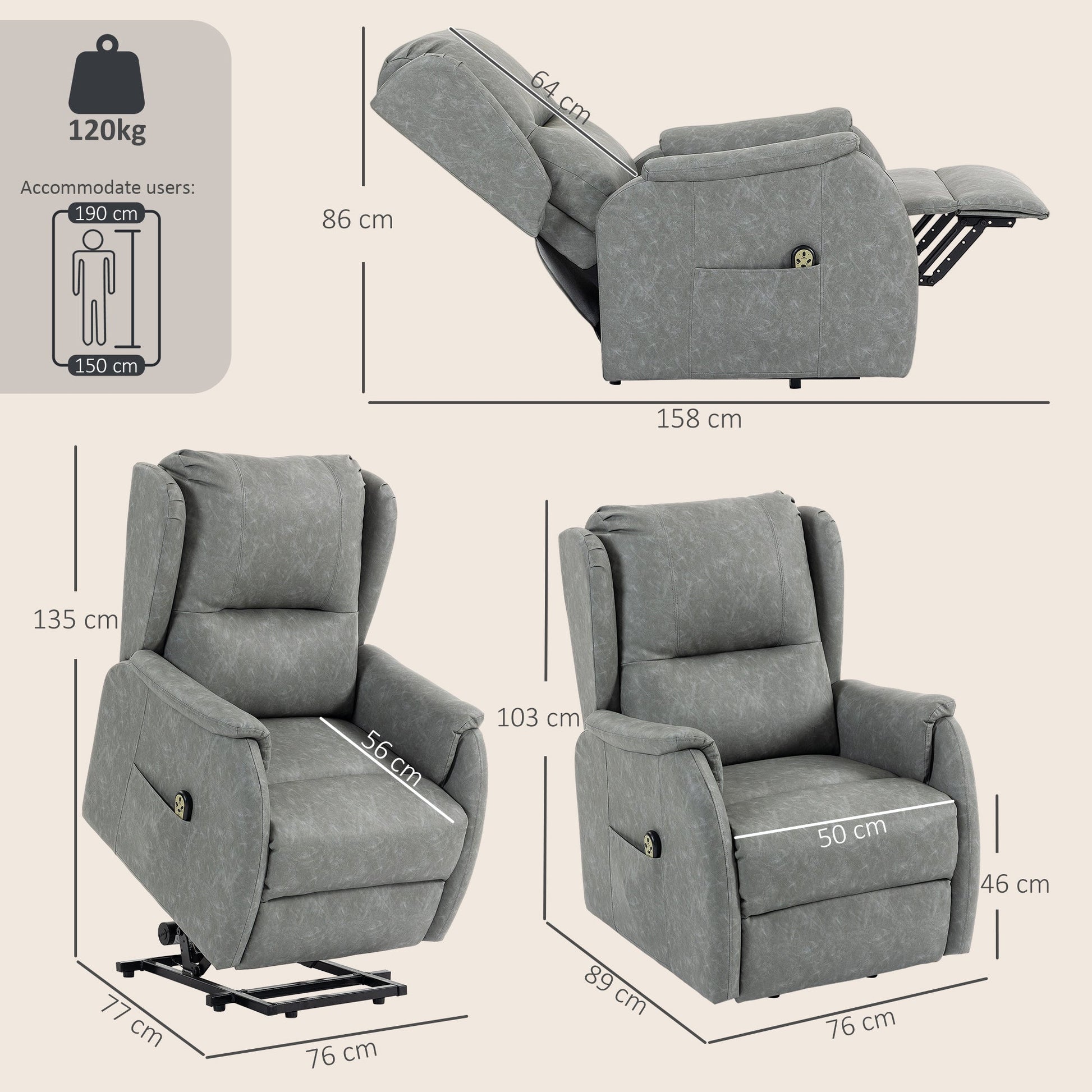 Dual Motor Power Lift Recliner Chair, Electric Lift Chair for Elderly, Faux Leather Riser and Reclining Armchair with Remote Control, Side Pockets, for Living Room, Grey