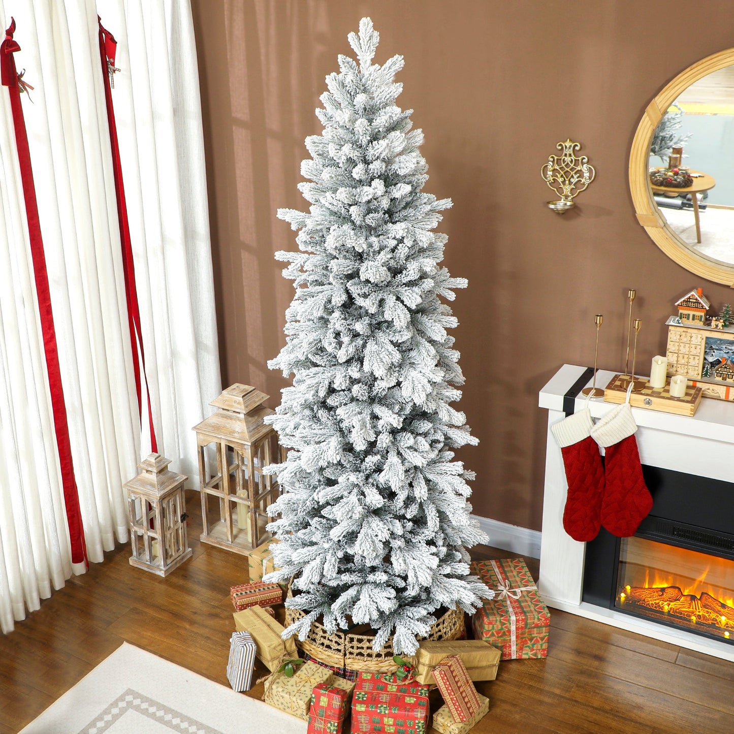 7ft Flocked Christmas Tree, Hinged Pencil Christmas Tree with 972 Tips, Realistic Branches, Easy Assembly, Slim Shape, Artificial Xmas Home Decoration, Green White