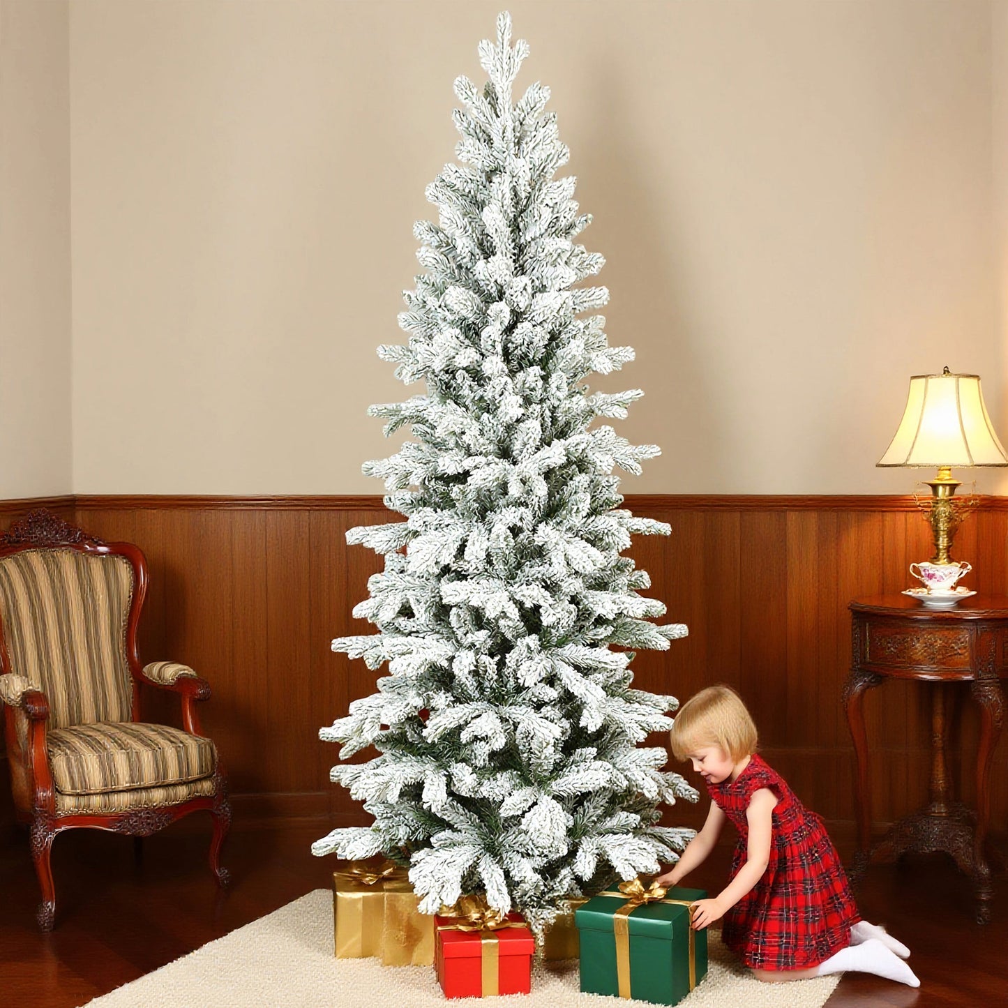 7ft Flocked Christmas Tree, Hinged Pencil Christmas Tree with 972 Tips, Realistic Branches, Easy Assembly, Slim Shape, Artificial Xmas Home Decoration, Green White
